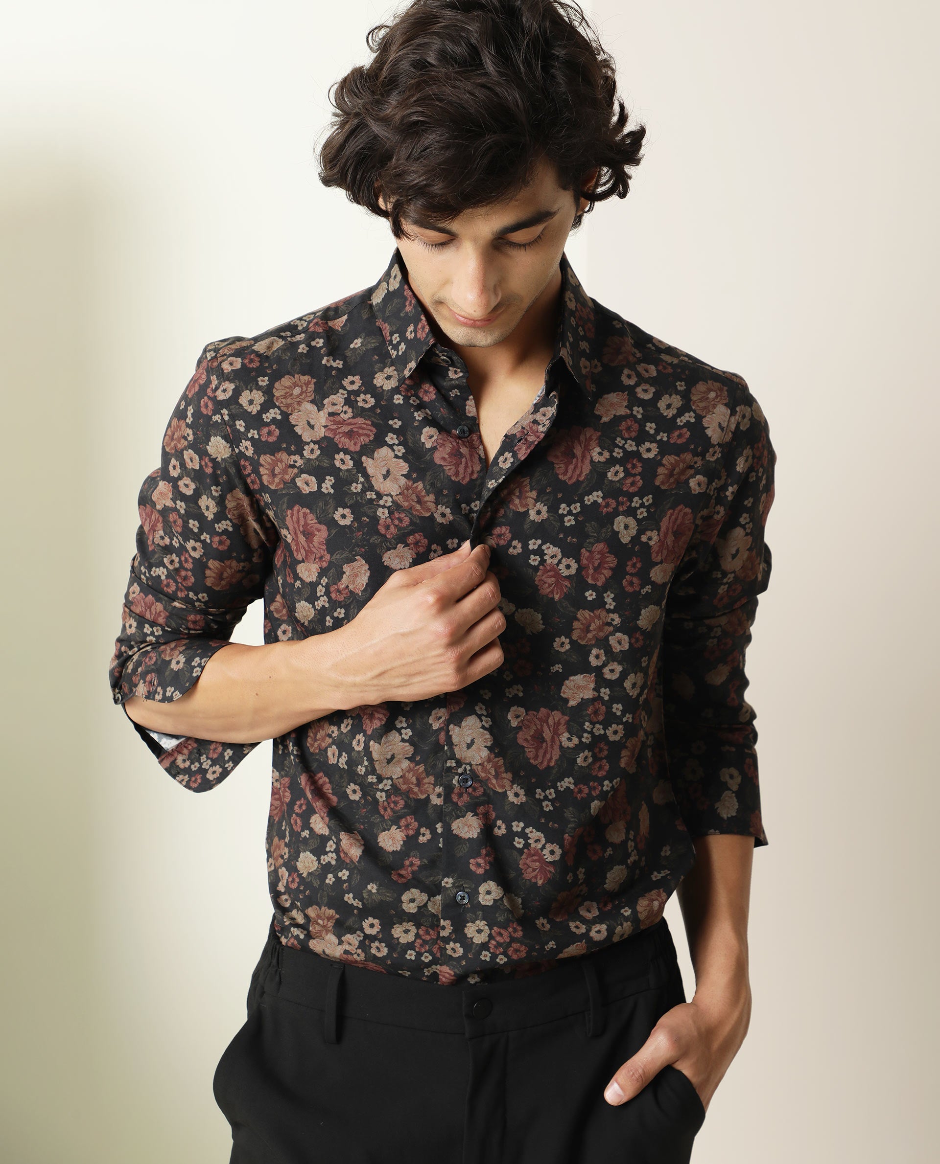 Rare Rabbit Men Vynill Blue Viscose Fabric Full Sleeves Regular Fit Floral Print Shirt