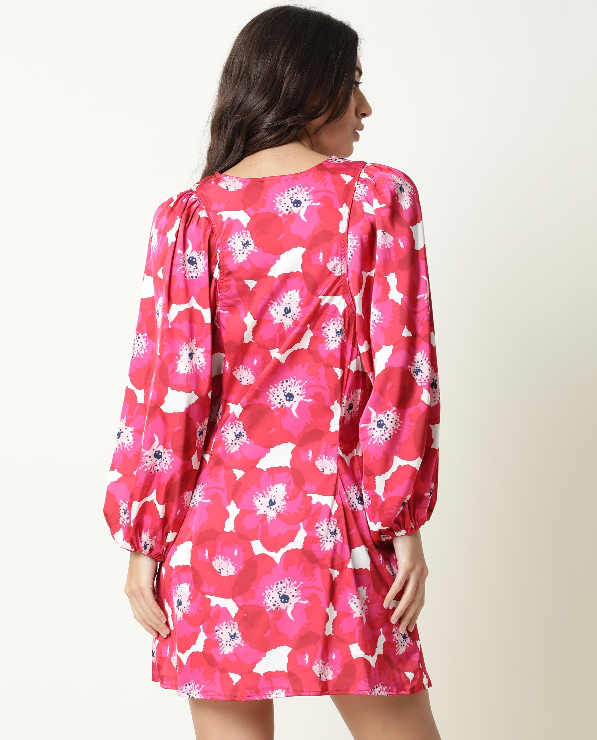 Rareism Women Margn Dark Red Abstract Print Round Neck With Tie Up Full Volume Sleeves Mini Dress