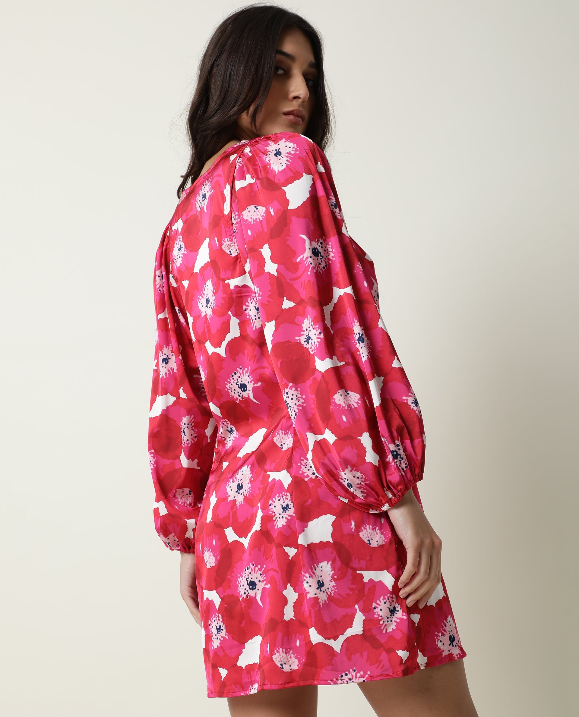 Rareism Women Margn Dark Red Abstract Print Round Neck With Tie Up Full Volume Sleeves Mini Dress