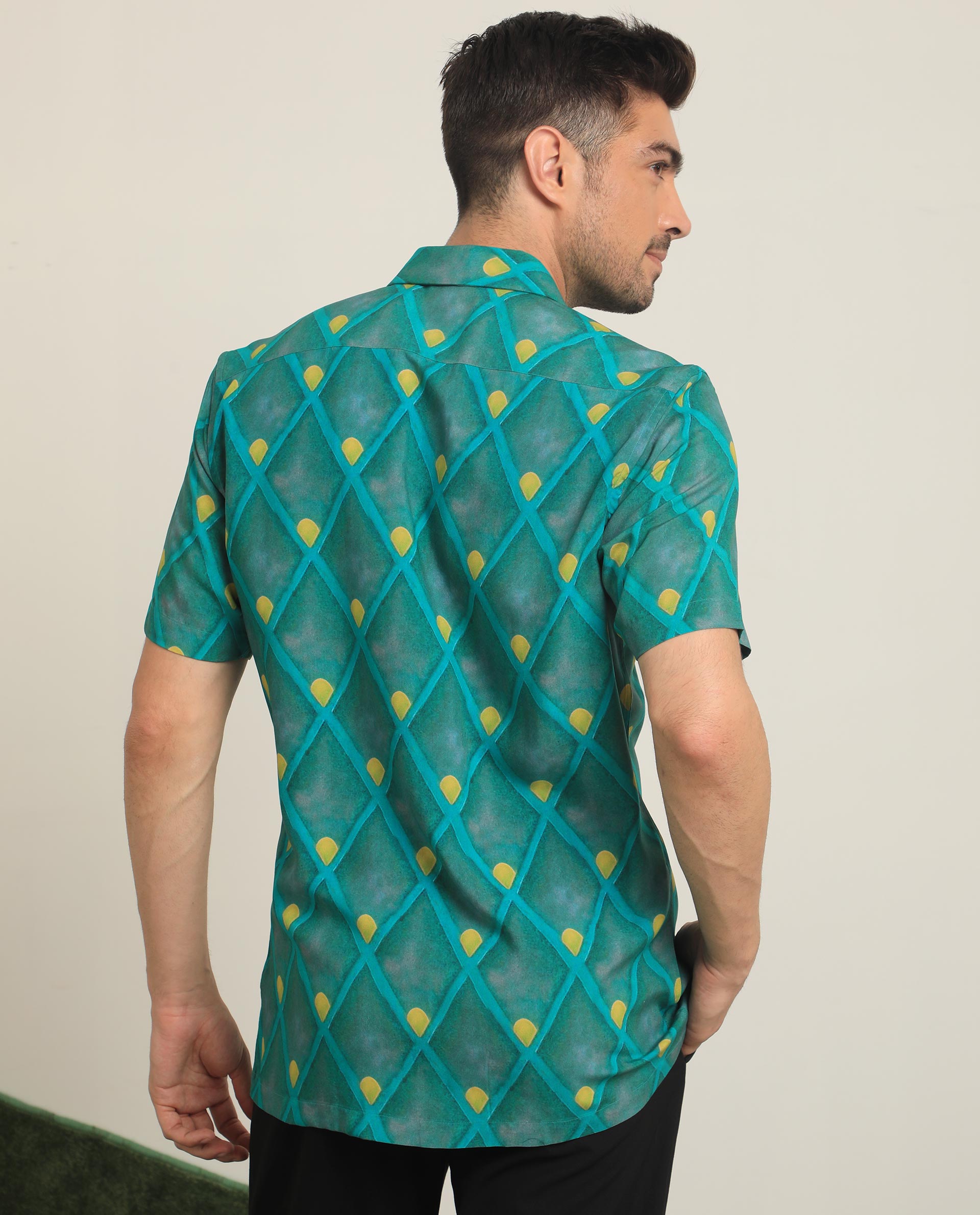 Rare Rabbit Men's Diam Dusky Green Viscose Fabric Geometric Print Half Sleeves Shirt