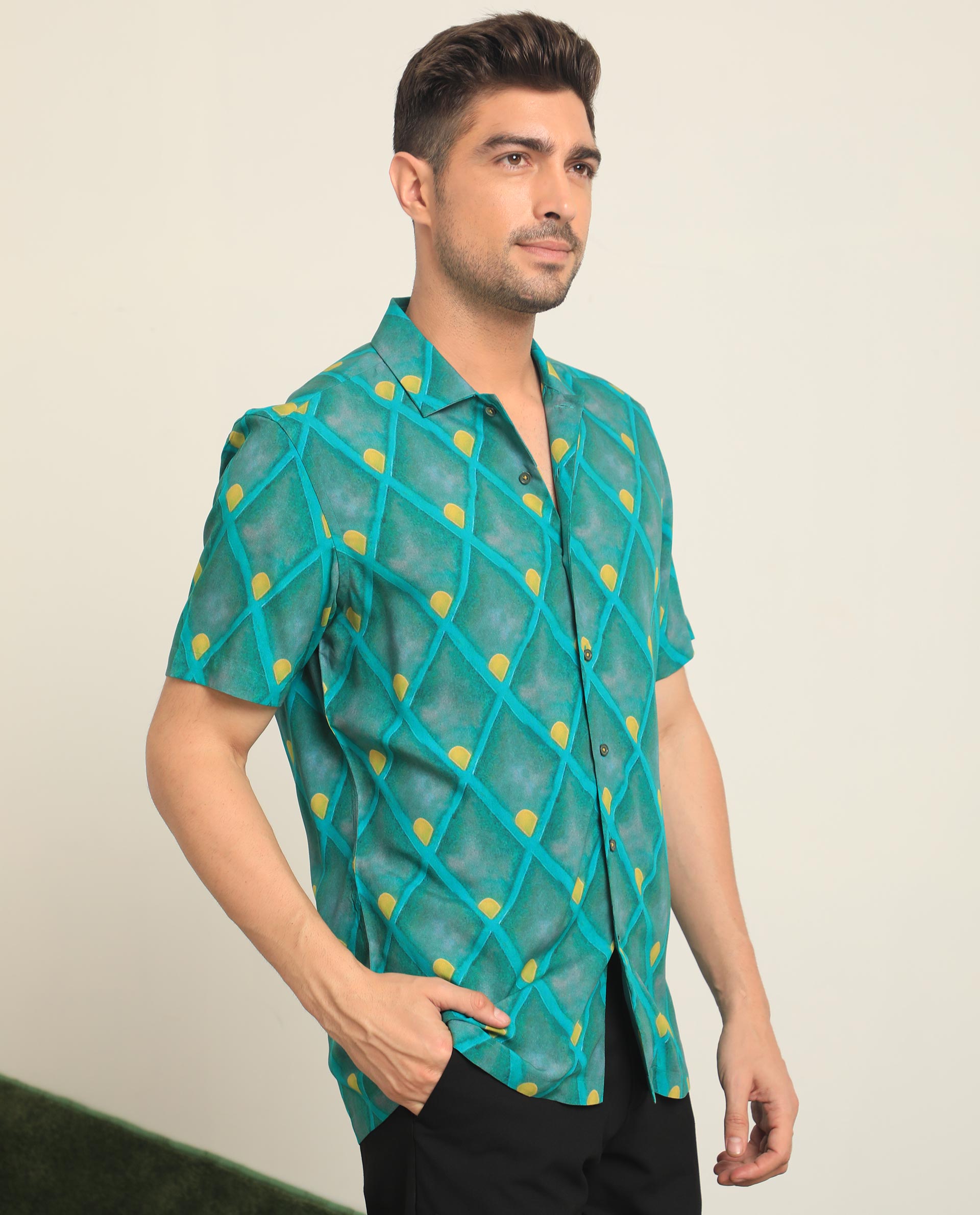 Rare Rabbit Men's Diam Dusky Green Viscose Fabric Geometric Print Half Sleeves Shirt