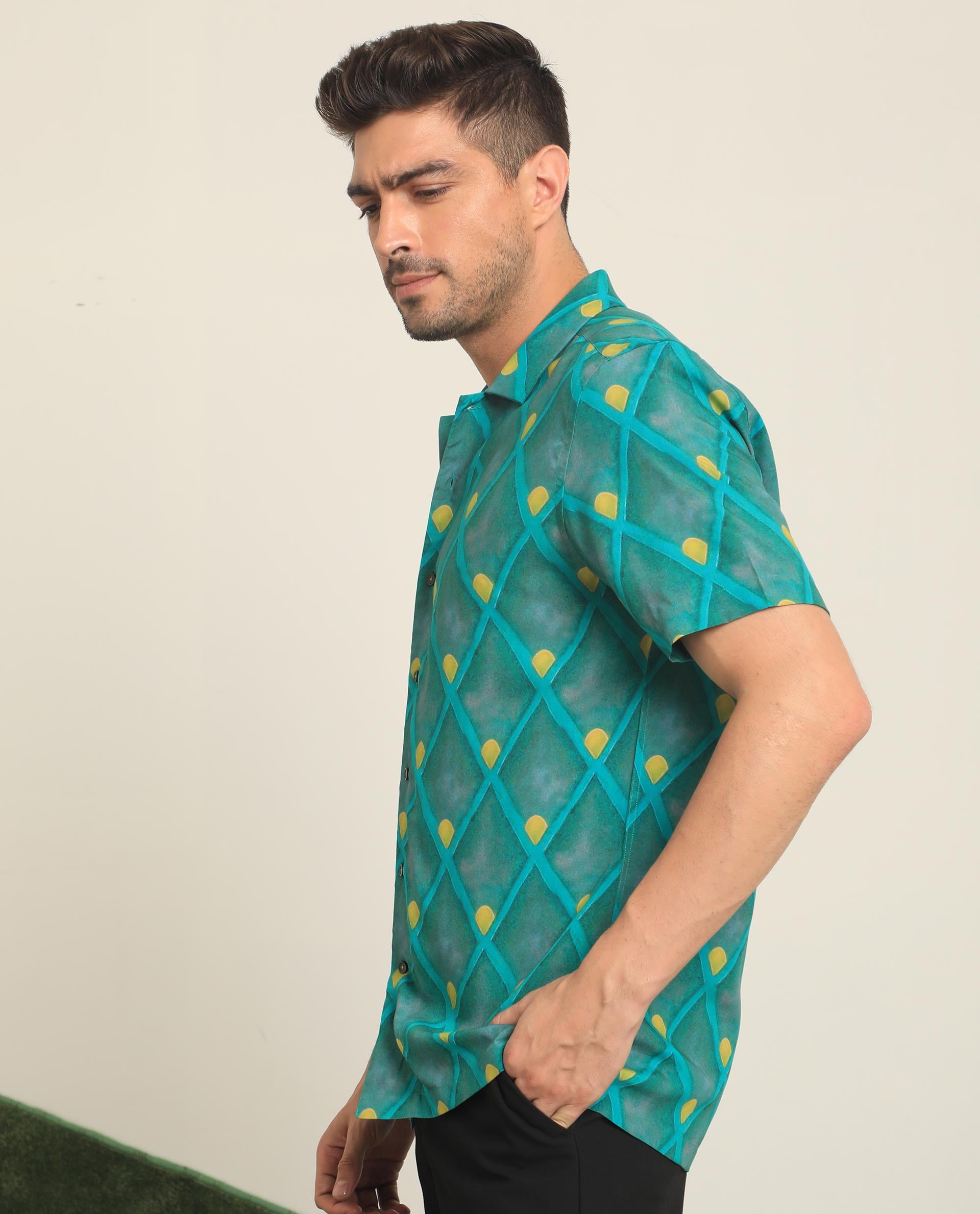 Rare Rabbit Men's Diam Dusky Green Viscose Fabric Geometric Print Half Sleeves Shirt