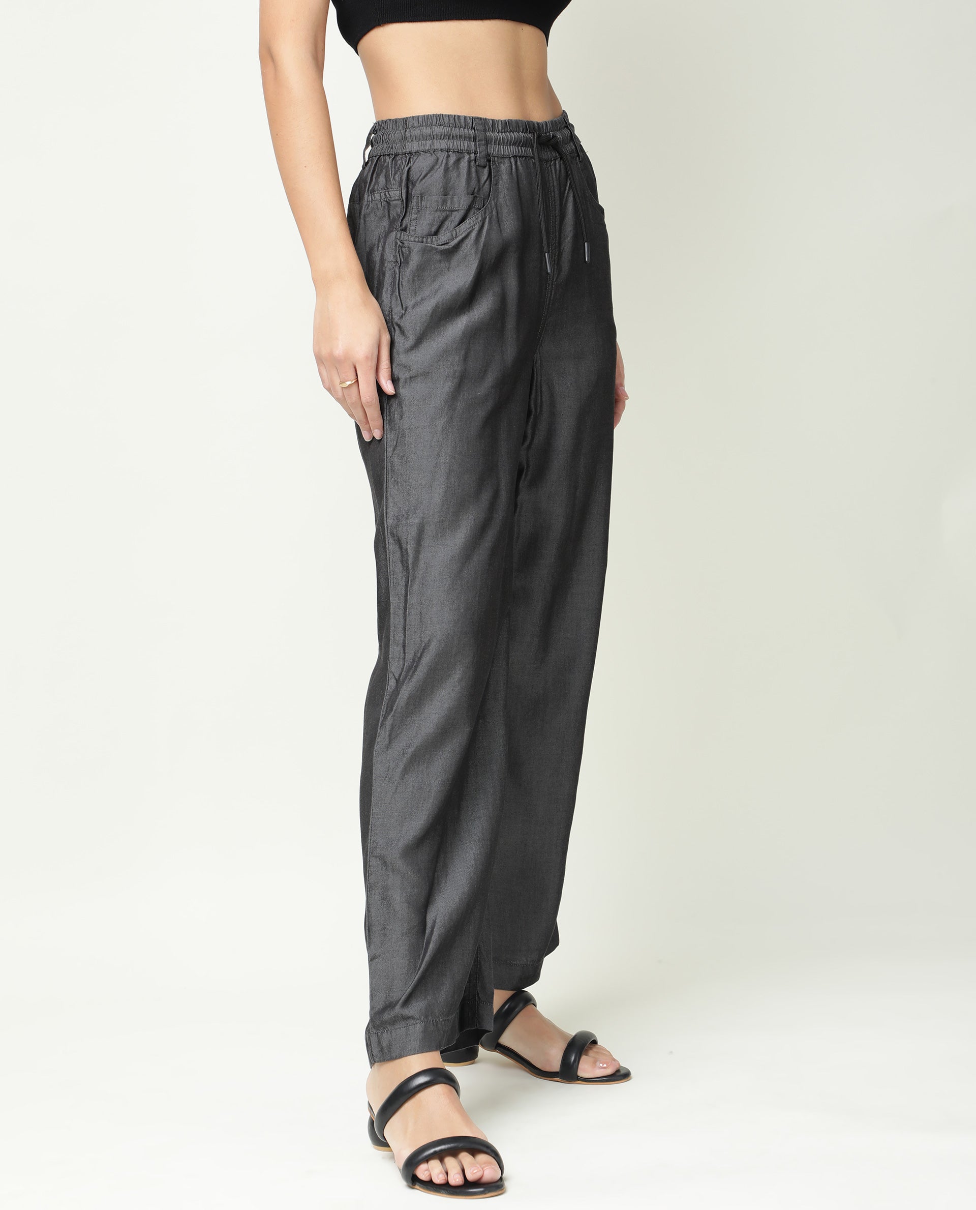 Rareism Women Lipo Black Tencel Fabric Solid Relaxed Fit Ankle Length High Rise Palazzo