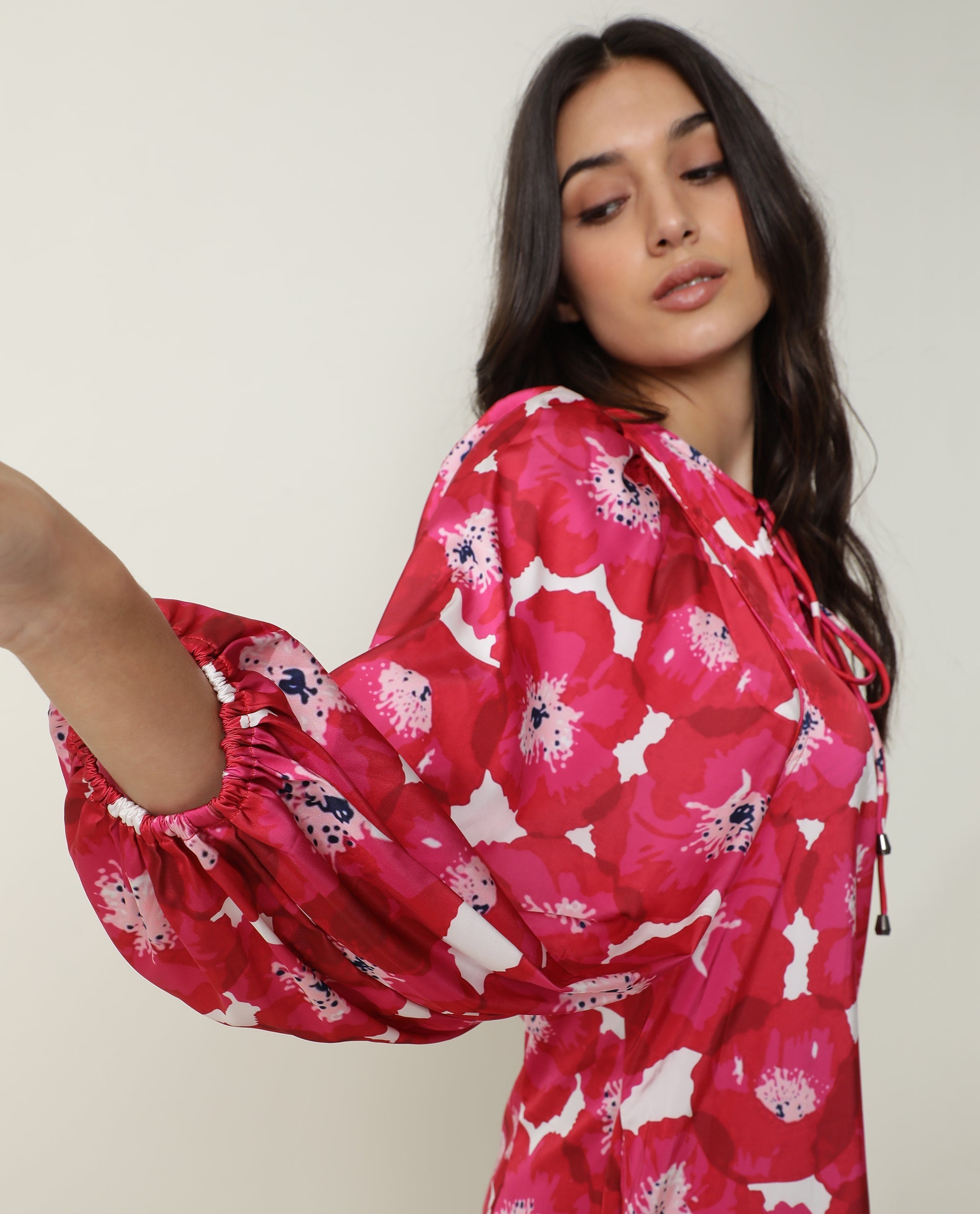 Rareism Women Margn Dark Red Abstract Print Round Neck With Tie Up Full Volume Sleeves Mini Dress