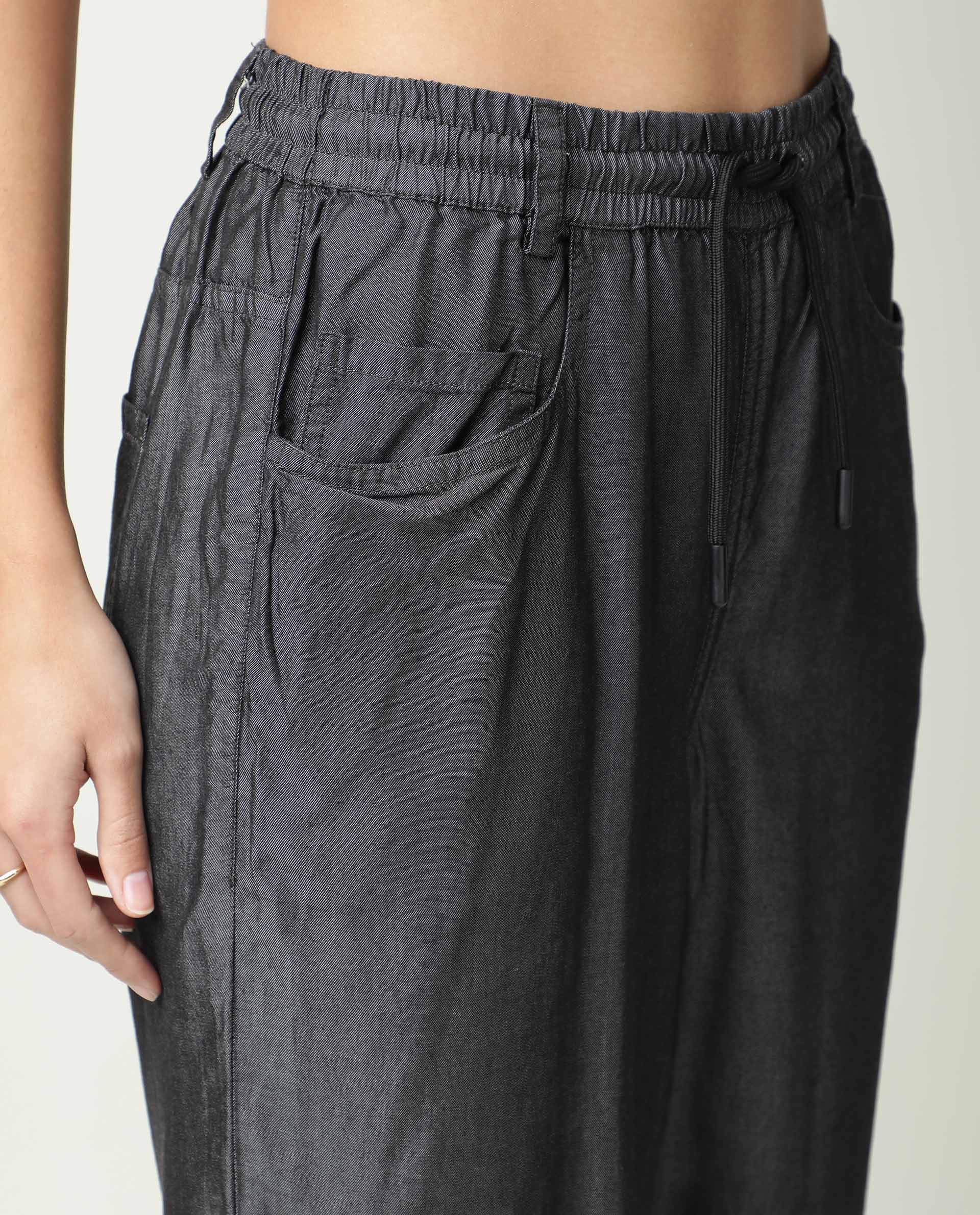 Rareism Women Lipo Black Tencel Fabric Solid Relaxed Fit Ankle Length High Rise Palazzo