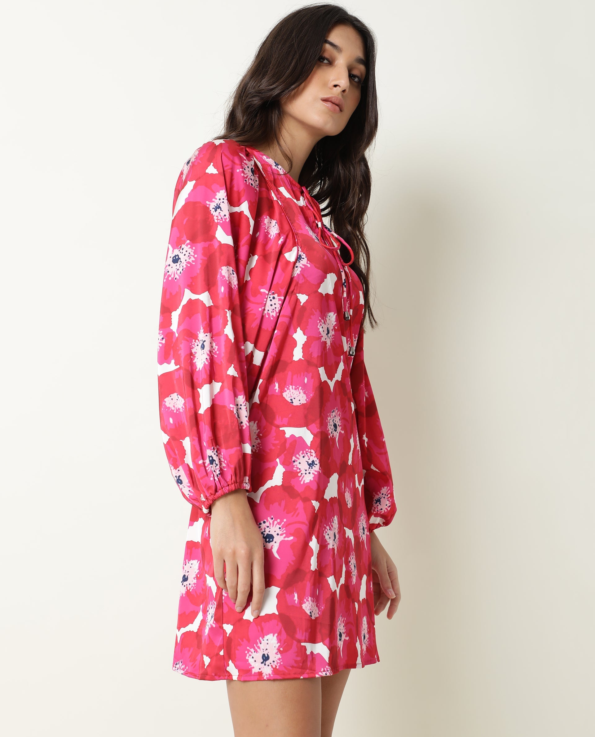 Rareism Women Margn Dark Red Abstract Print Round Neck With Tie Up Full Volume Sleeves Mini Dress