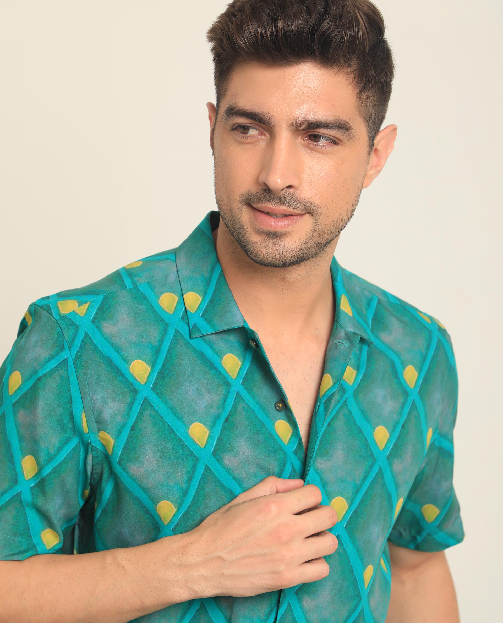 Rare Rabbit Men's Diam Dusky Green Viscose Fabric Geometric Print Half Sleeves Shirt