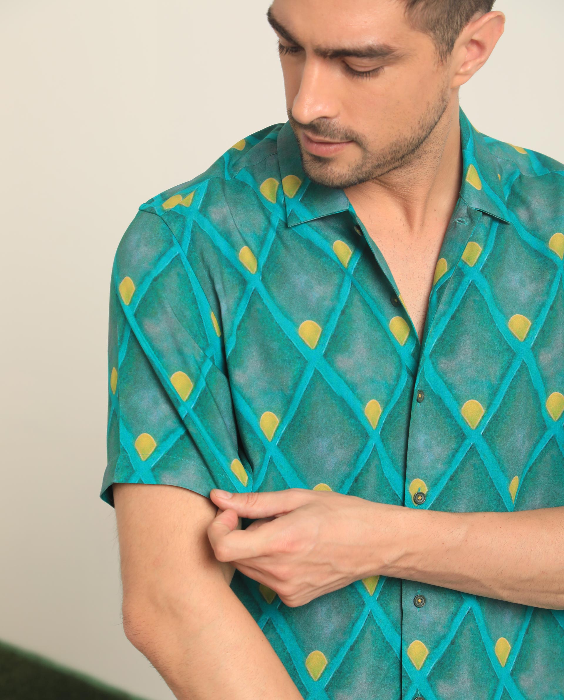 Rare Rabbit Men's Diam Dusky Green Viscose Fabric Geometric Print Half Sleeves Shirt