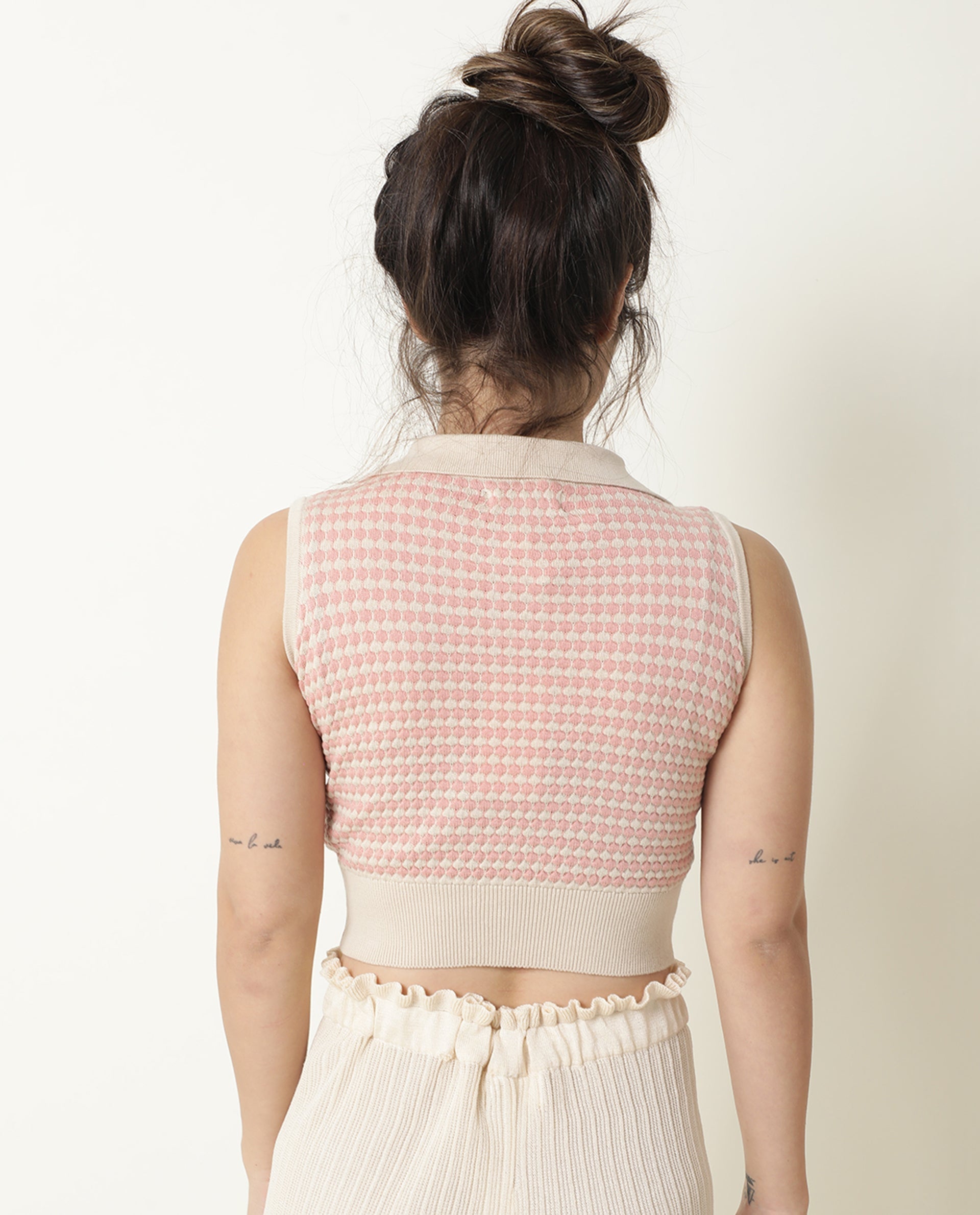 Rareism Women Rylee Beige Cotton Fabric Sleeveless Cropped Regular Fit Textured Shirt Collar Sweater