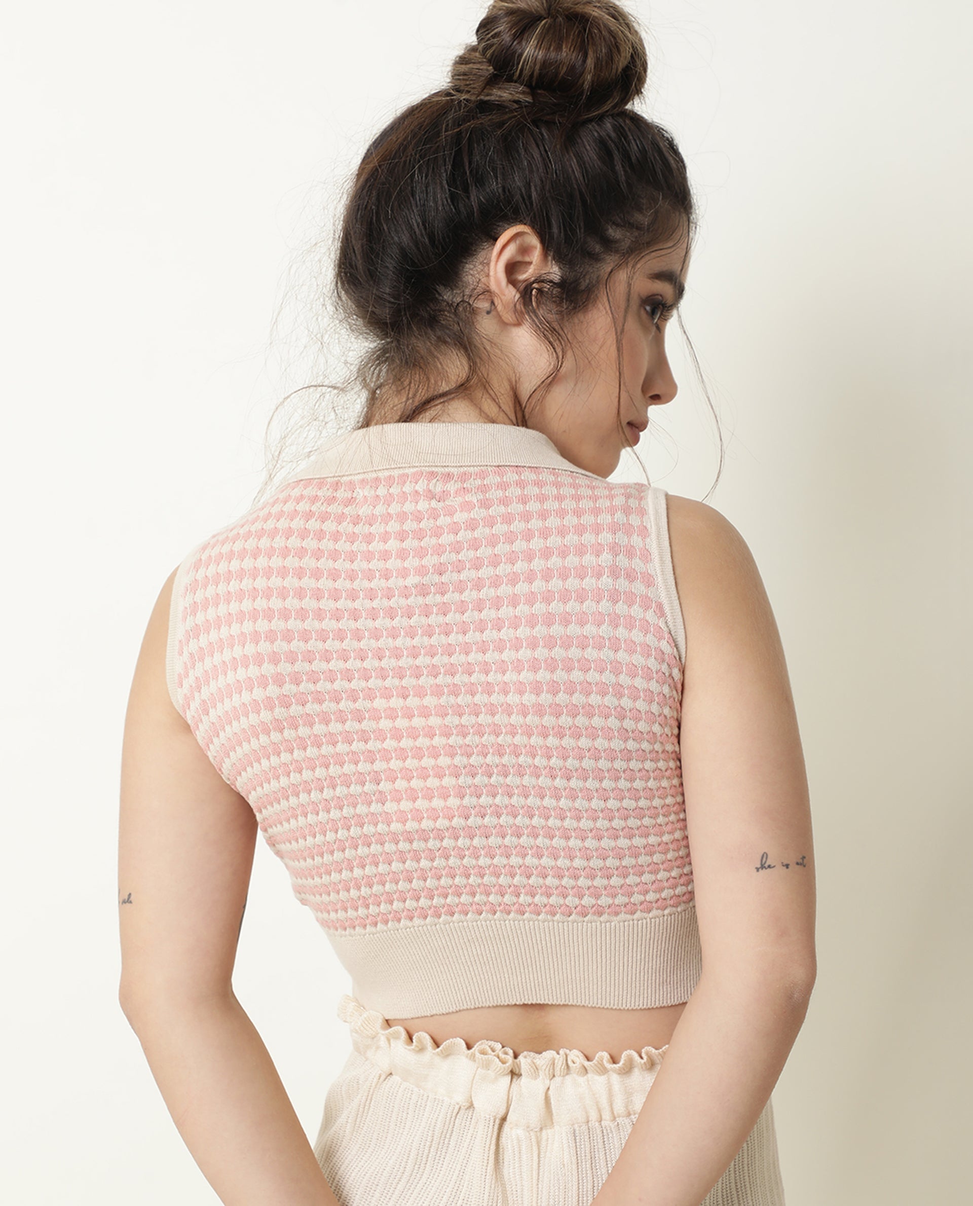 Rareism Women Rylee Beige Cotton Fabric Sleeveless Cropped Regular Fit Textured Shirt Collar Sweater