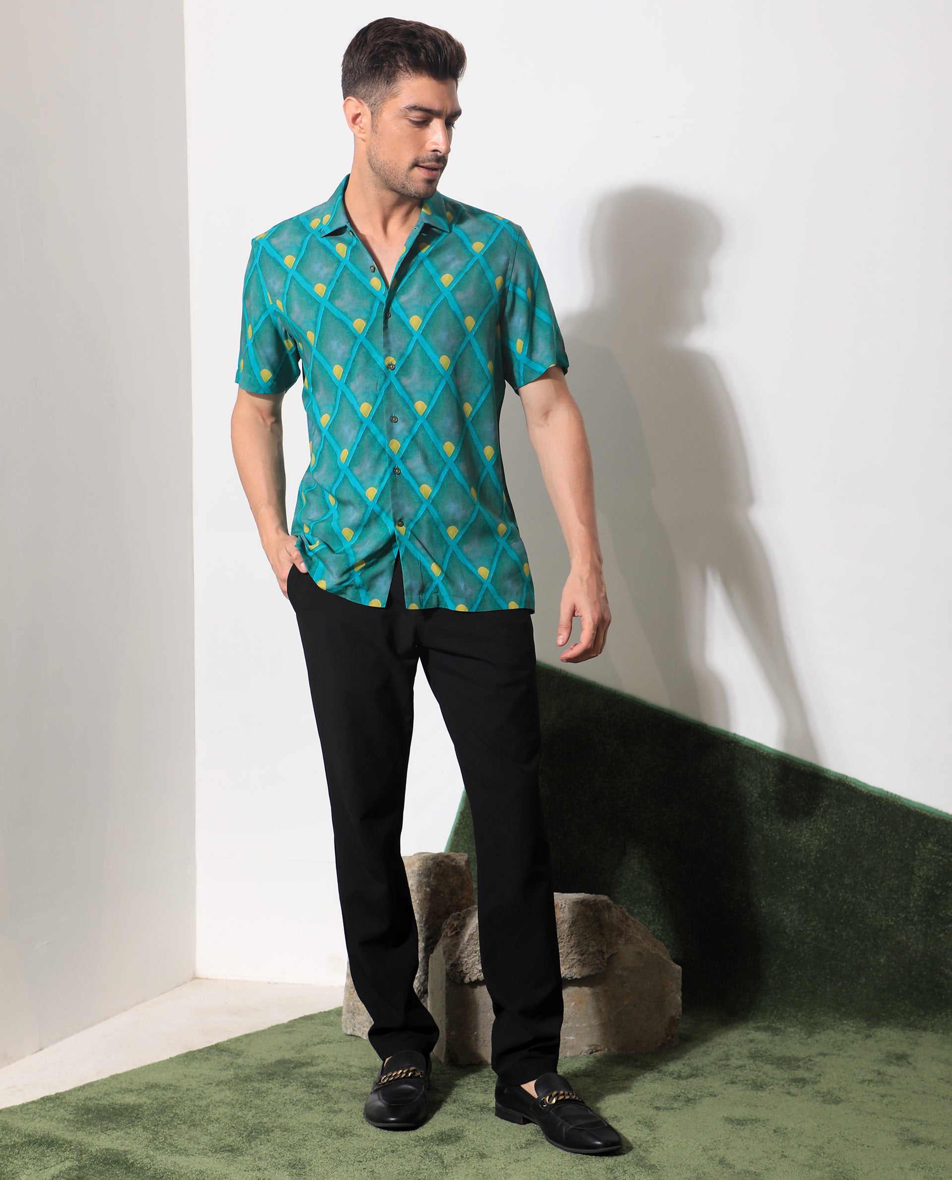 Rare Rabbit Men's Diam Dusky Green Viscose Fabric Geometric Print Half Sleeves Shirt