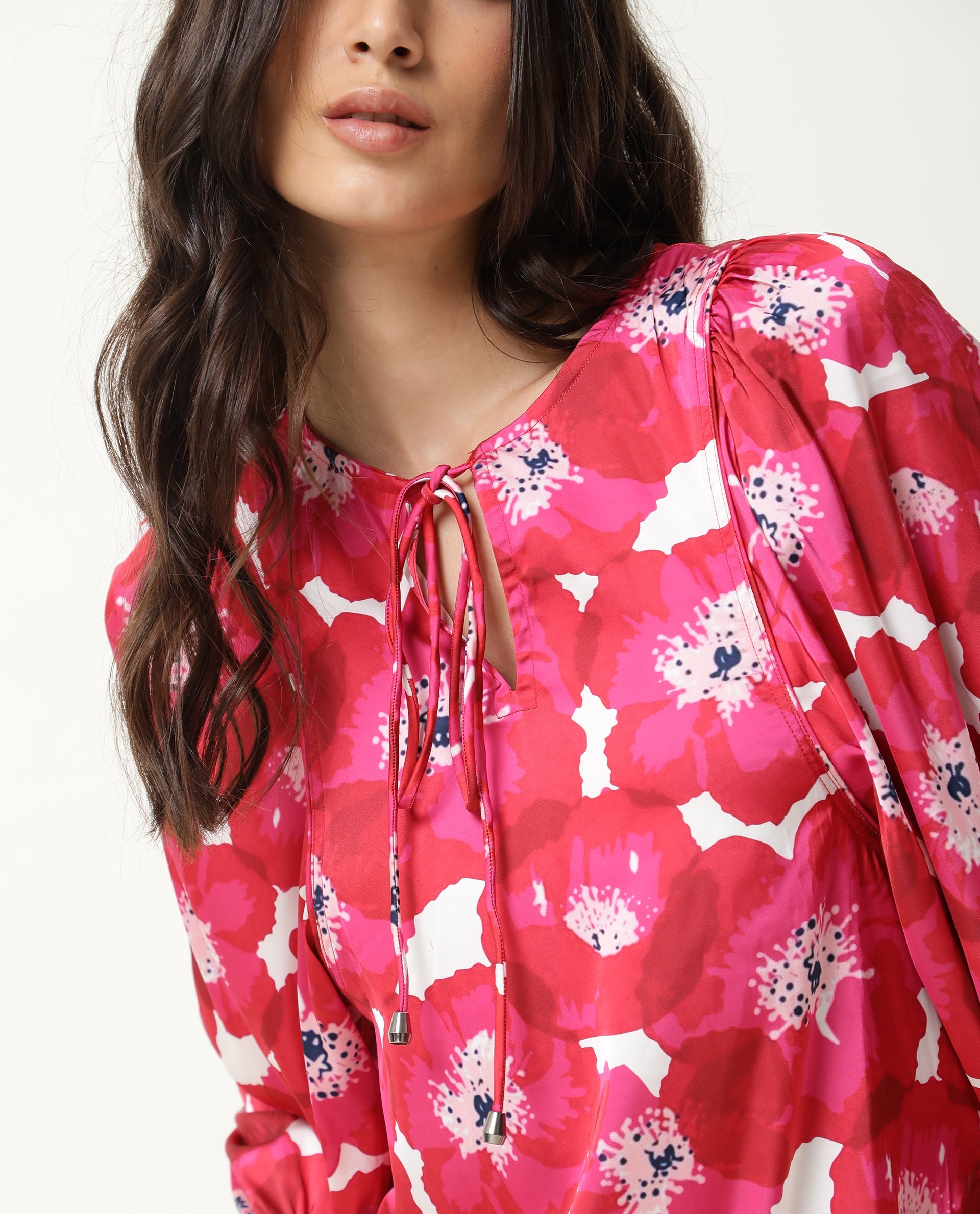 Rareism Women Margn Dark Red Abstract Print Round Neck With Tie Up Full Volume Sleeves Mini Dress