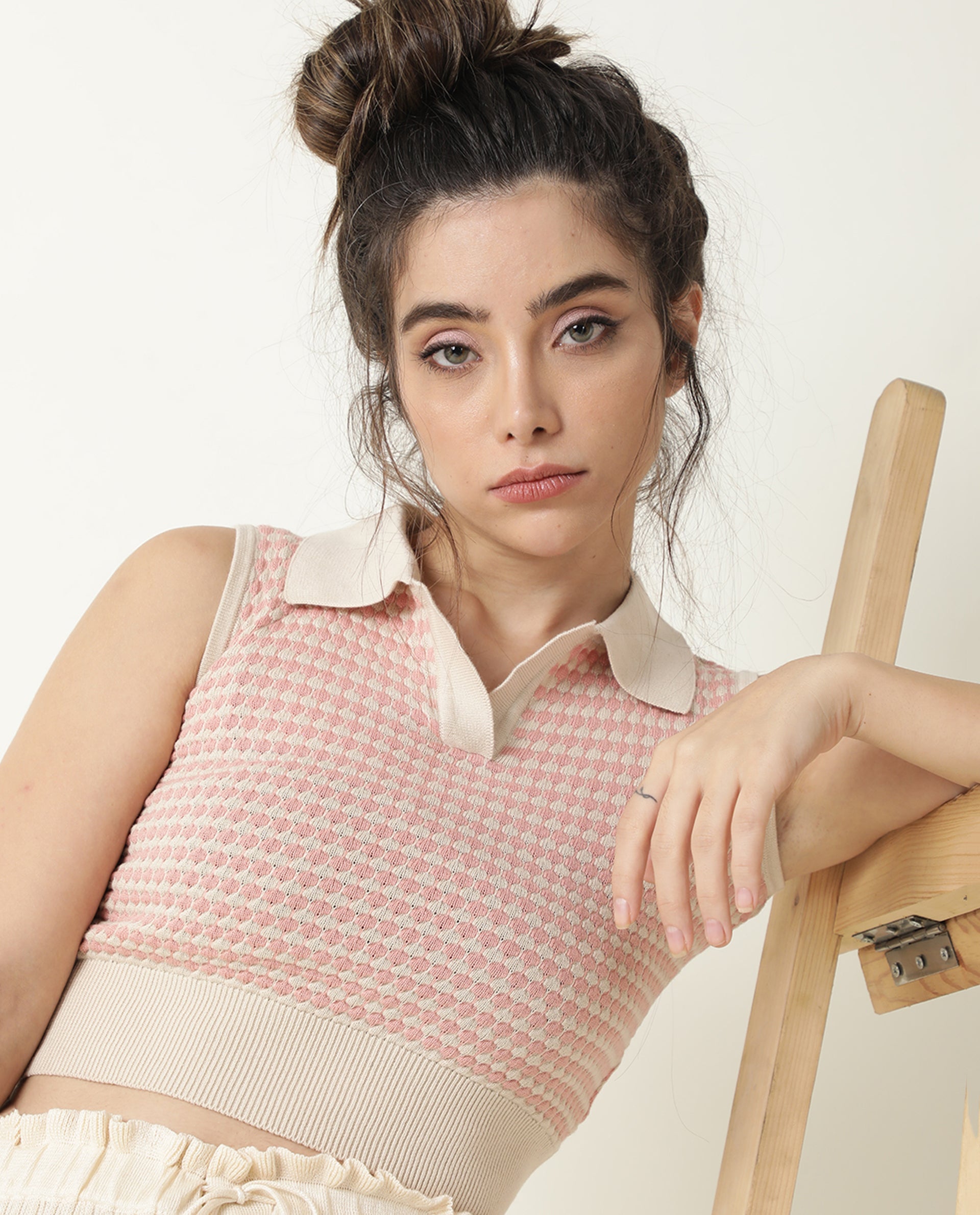 Rareism Women Rylee Beige Cotton Fabric Sleeveless Cropped Regular Fit Textured Shirt Collar Sweater