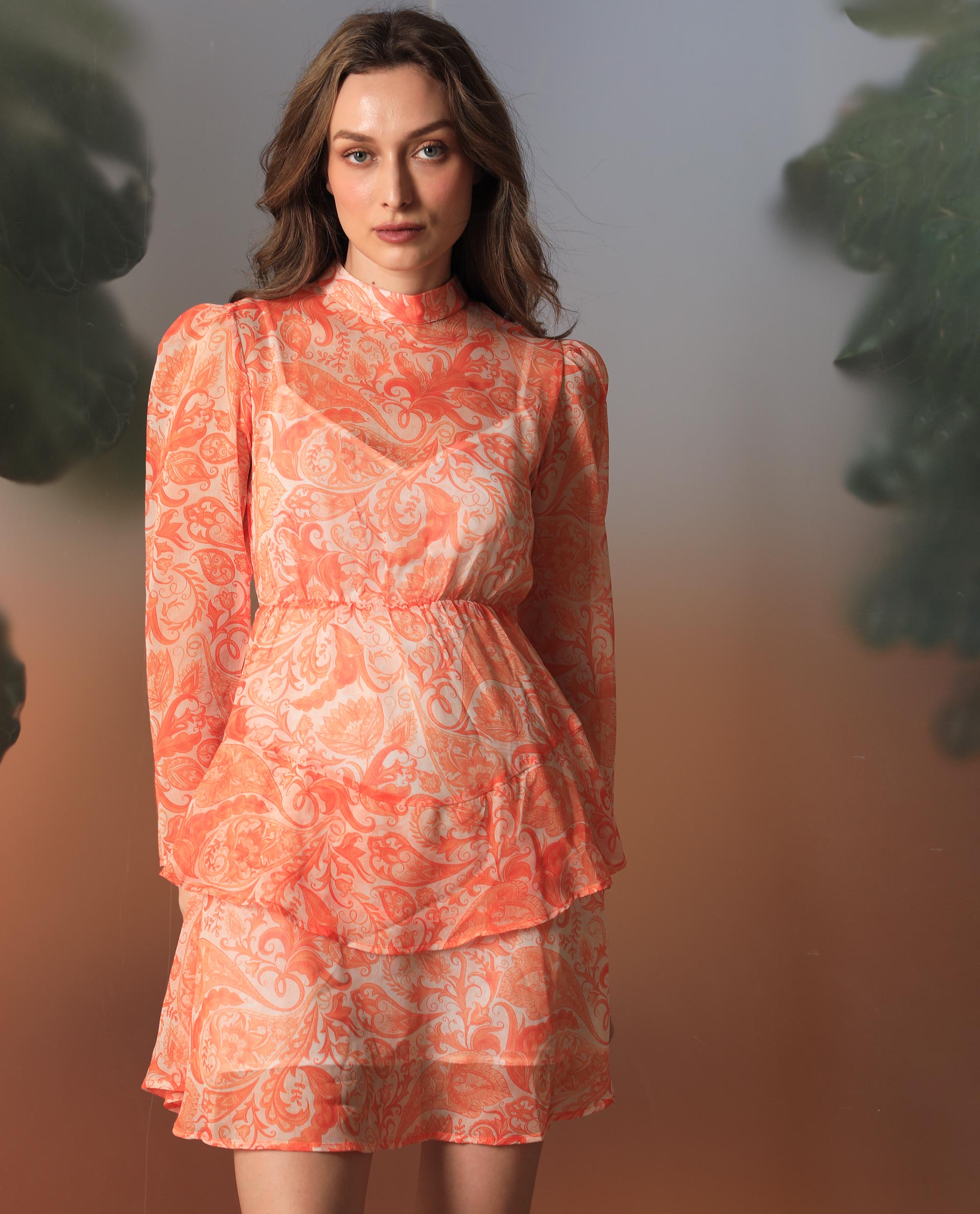 Rareism Women Claris Orange Cotton Fabric Full Sleeves High Neck Regular Fit Paisley Print Knee Length Dress