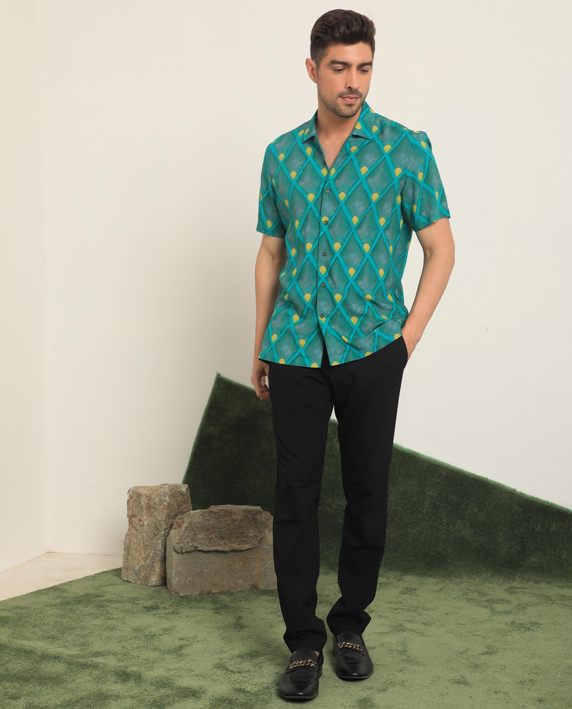 Rare Rabbit Men's Diam Dusky Green Viscose Fabric Geometric Print Half Sleeves Shirt