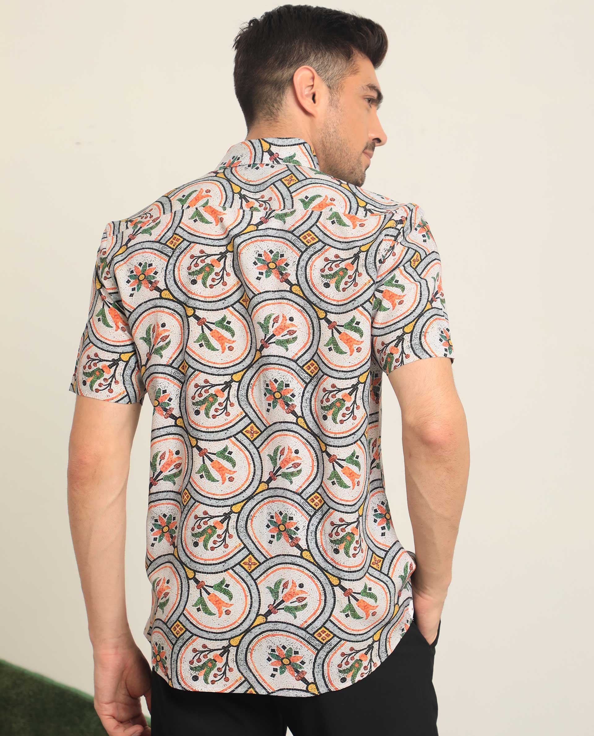 Rare Rabbit Men's Tiles Multi Viscose Fabric Half Sleeves Mosaic Floral Print Shirt