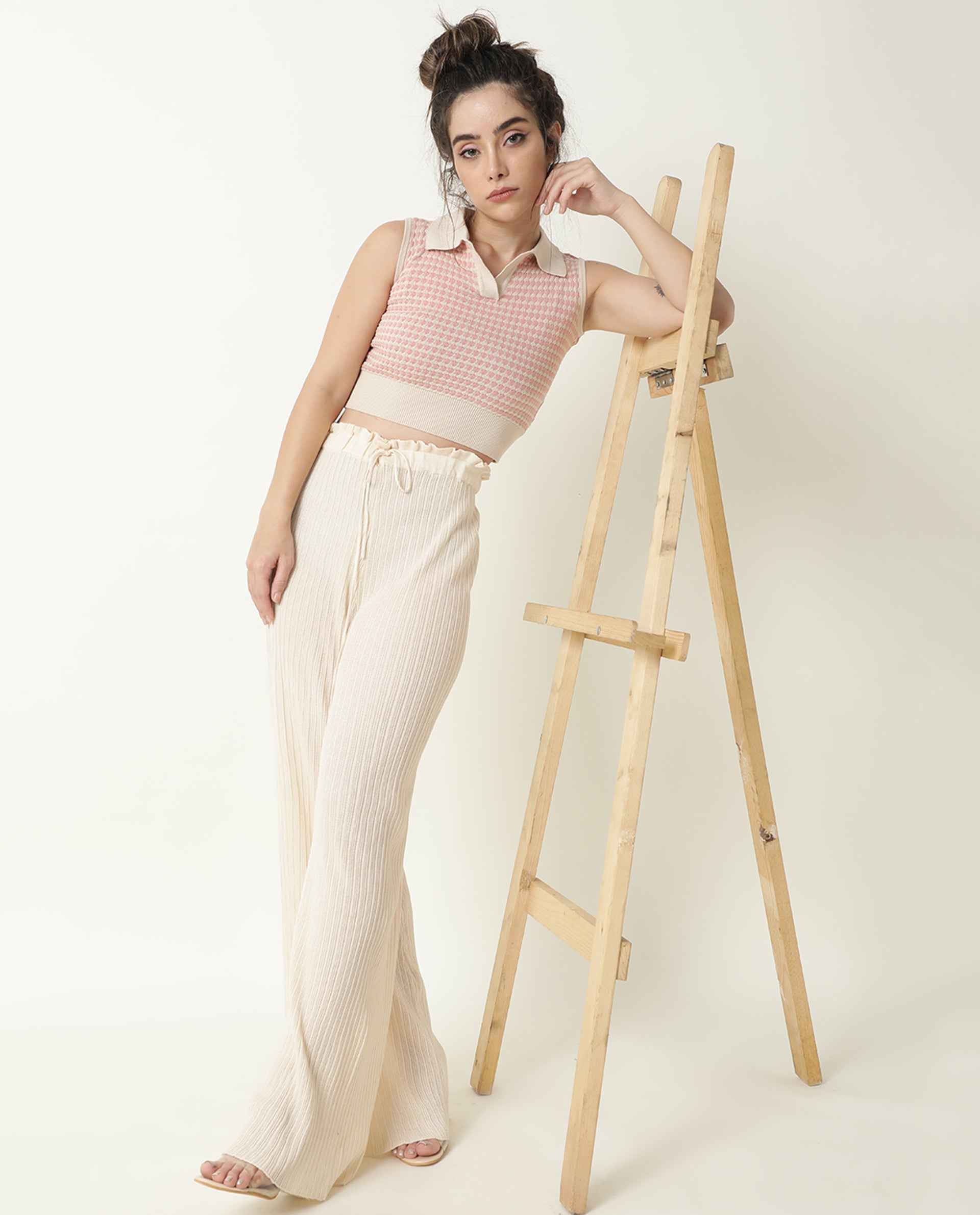 Rareism Women Rylee Beige Cotton Fabric Sleeveless Cropped Regular Fit Textured Shirt Collar Sweater