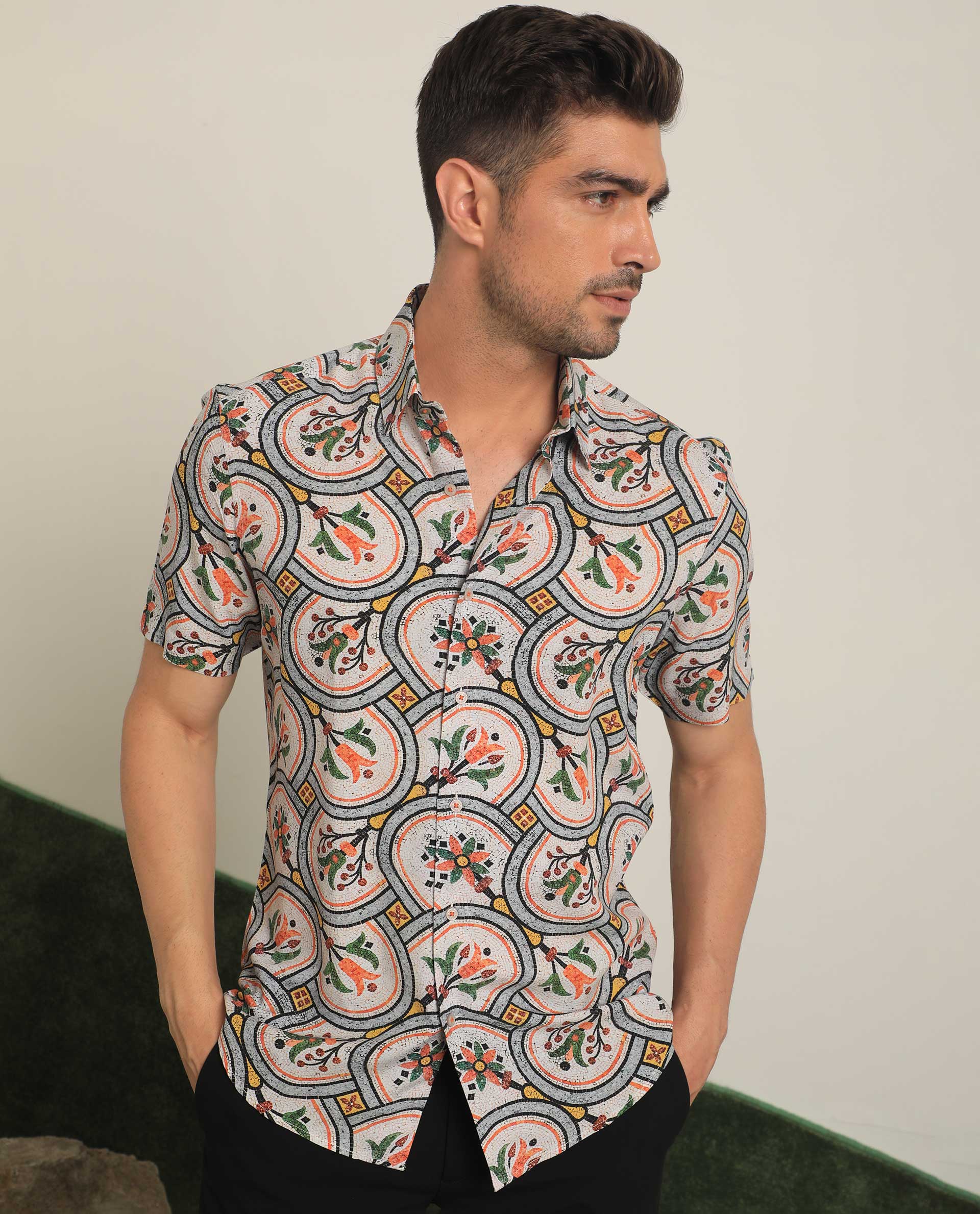 Rare Rabbit Men's Tiles Multi Viscose Fabric Half Sleeves Mosaic Floral Print Shirt