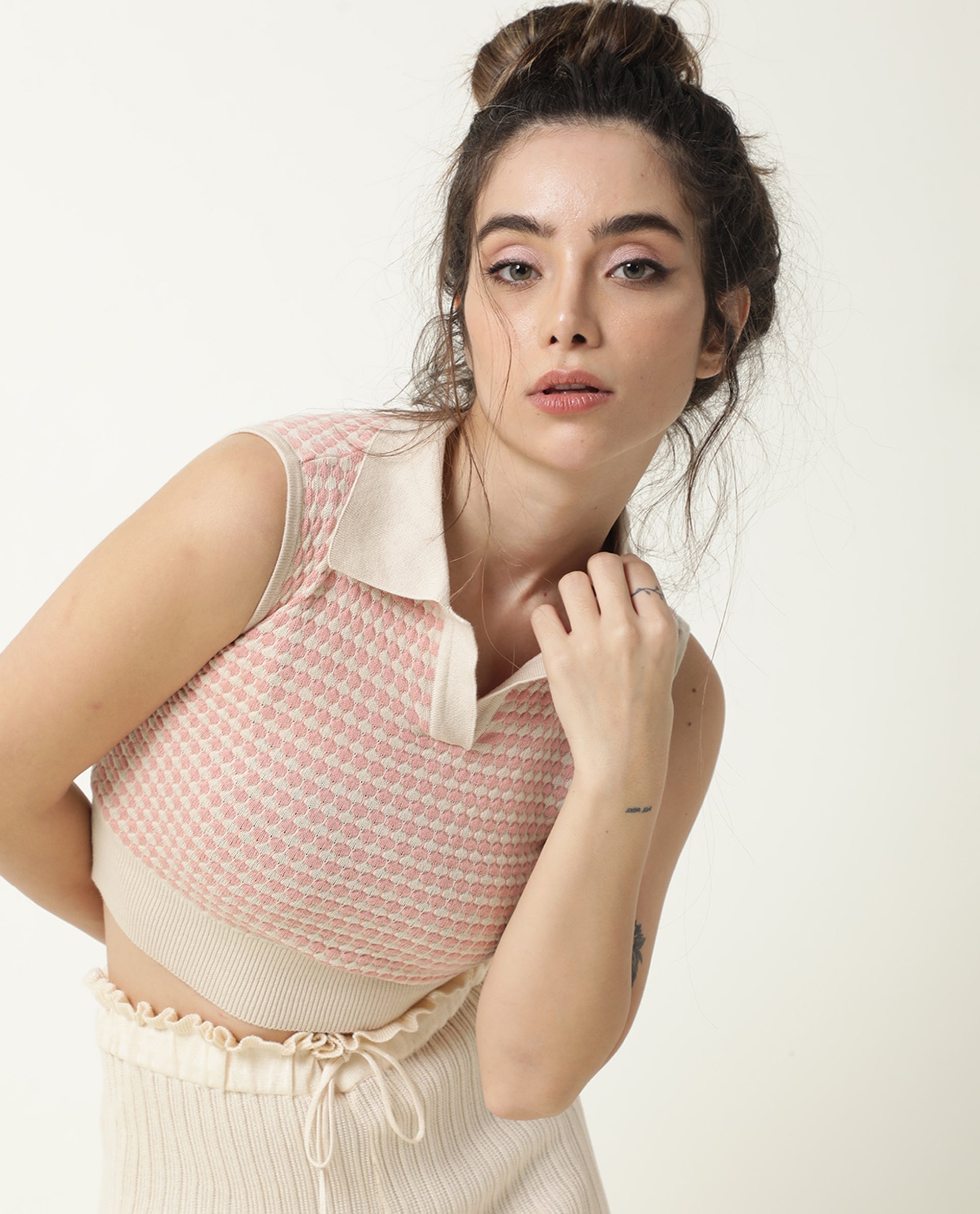 Rareism Women Rylee Beige Cotton Fabric Sleeveless Cropped Regular Fit Textured Shirt Collar Sweater