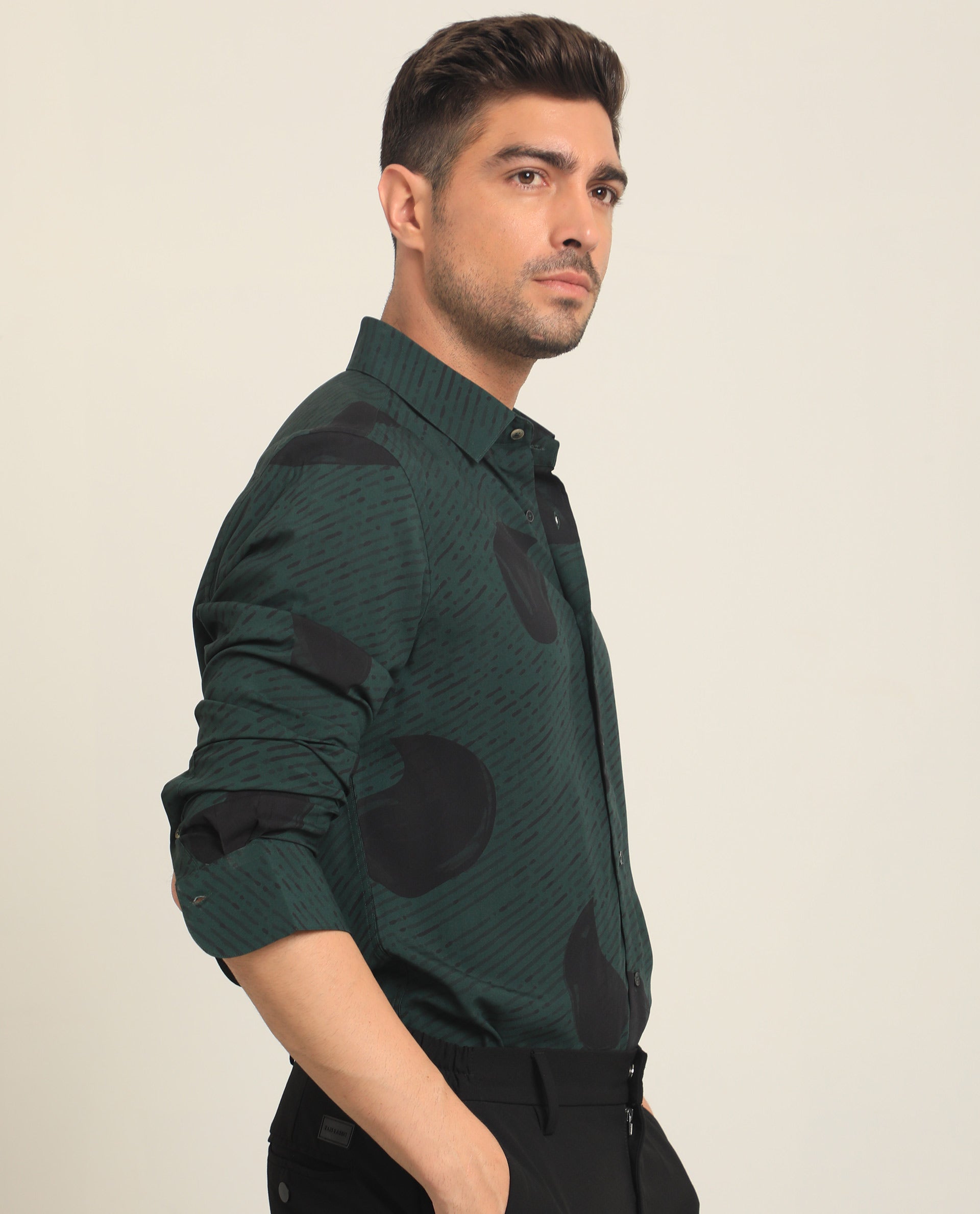 Rare Rabbit Men's Palme Dark Green Viscose Fabric Abstract Print Full Sleeves Shirt