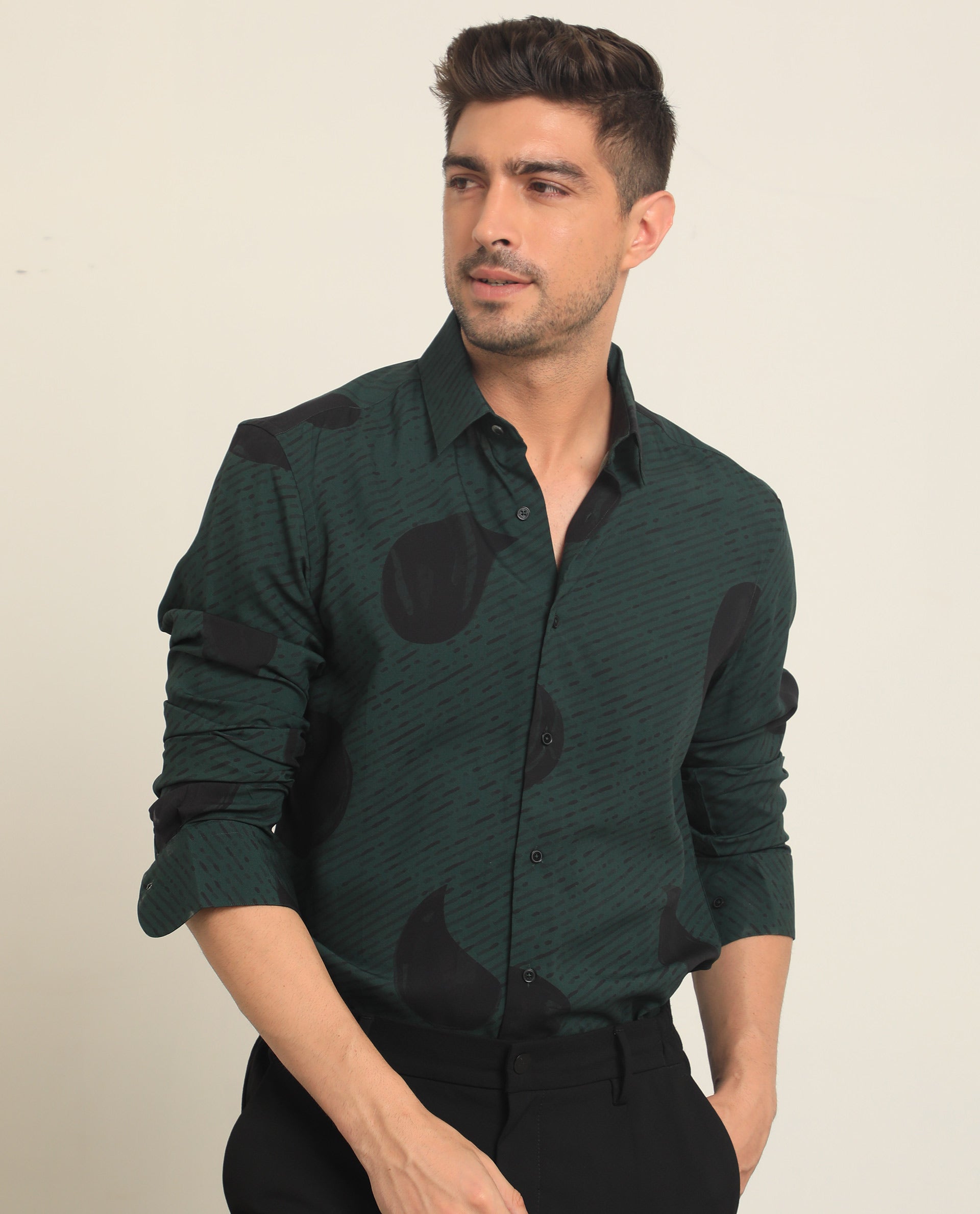 Rare Rabbit Men's Palme Dark Green Viscose Fabric Abstract Print Full Sleeves Shirt