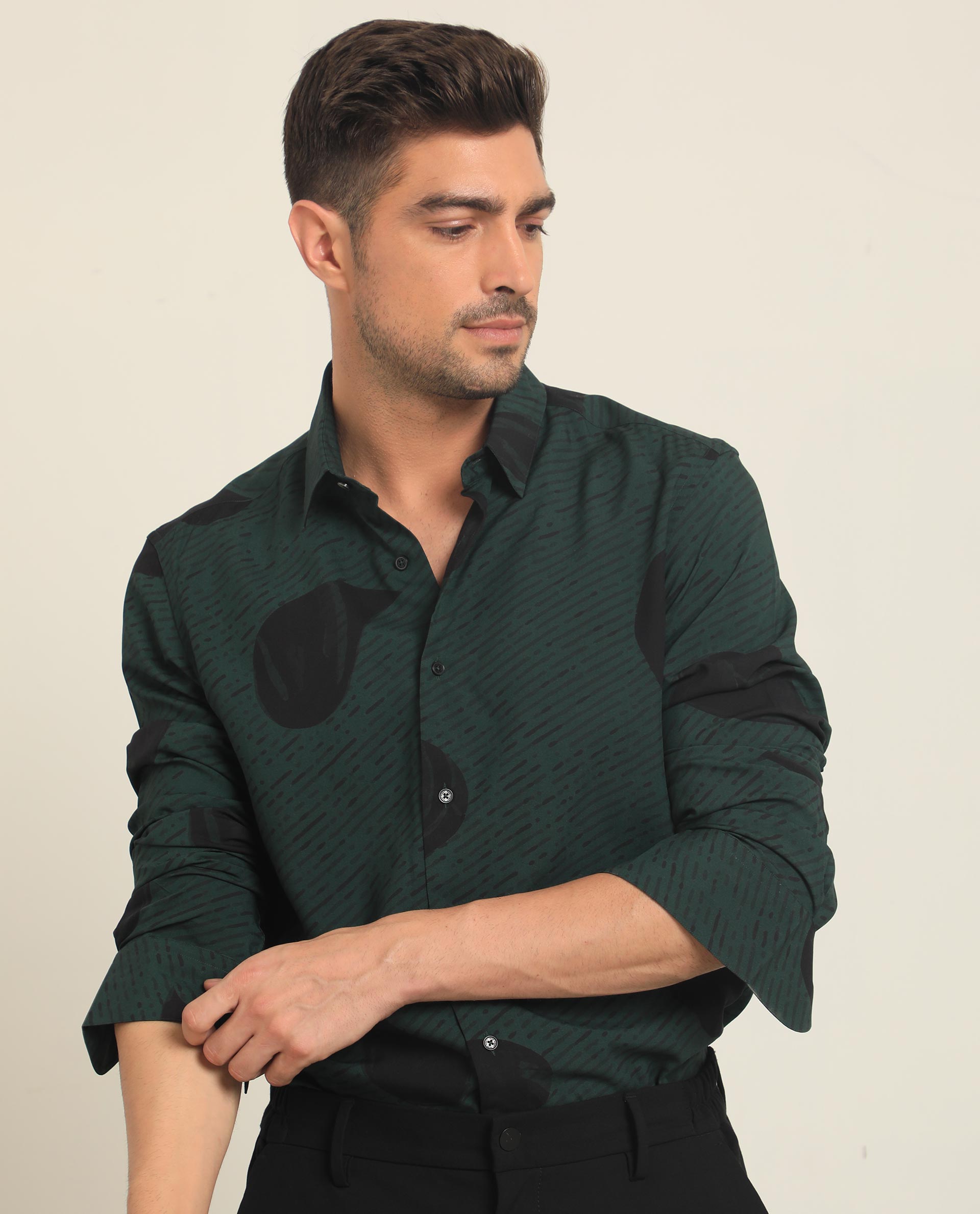 Rare Rabbit Men's Palme Dark Green Viscose Fabric Abstract Print Full Sleeves Shirt