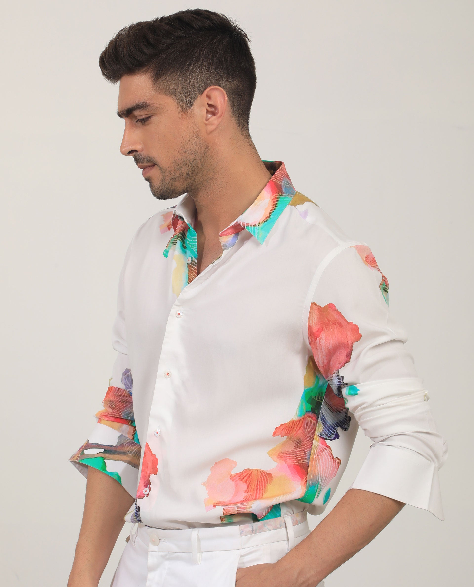 Rare Rabbit Men's Painter White Viscose Fabric Full Sleeves Abstract Print Shirt