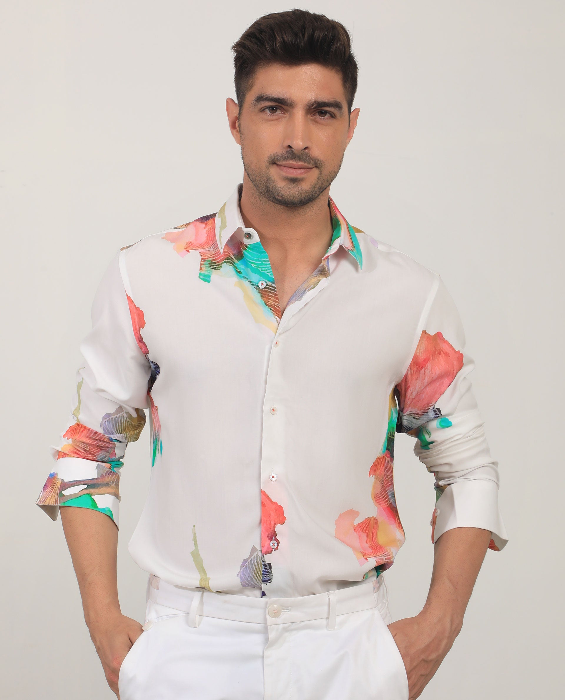 Rare Rabbit Men's Painter White Viscose Fabric Full Sleeves Abstract Print Shirt