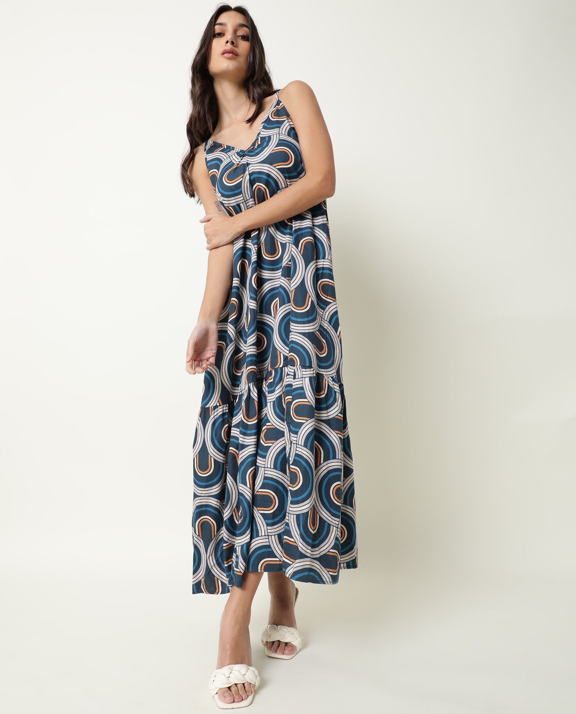 Rareism Women Botany Blue V Neck Spaghetti Straps With Tie Up At Back And Pockets Maxi Dress