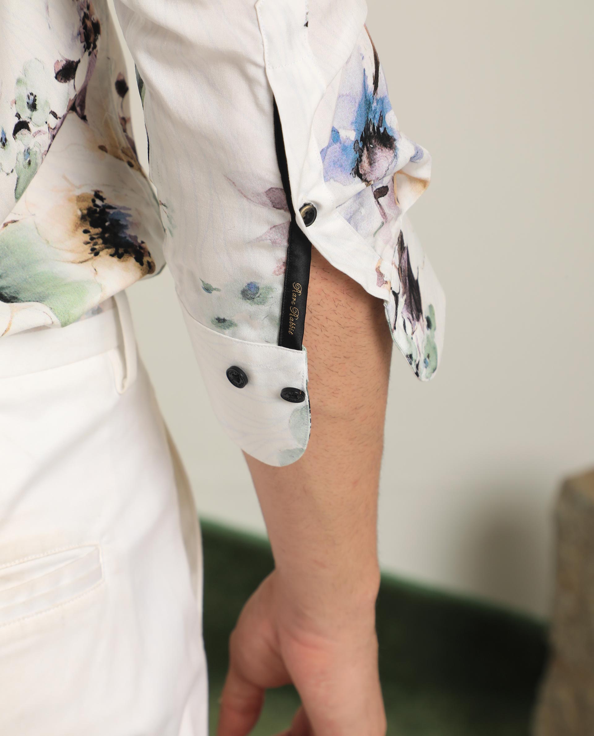 Rare Rabbit Men's Flowey White Viscose Fabric Full Sleeves Regular Fit Floral Print Shirt