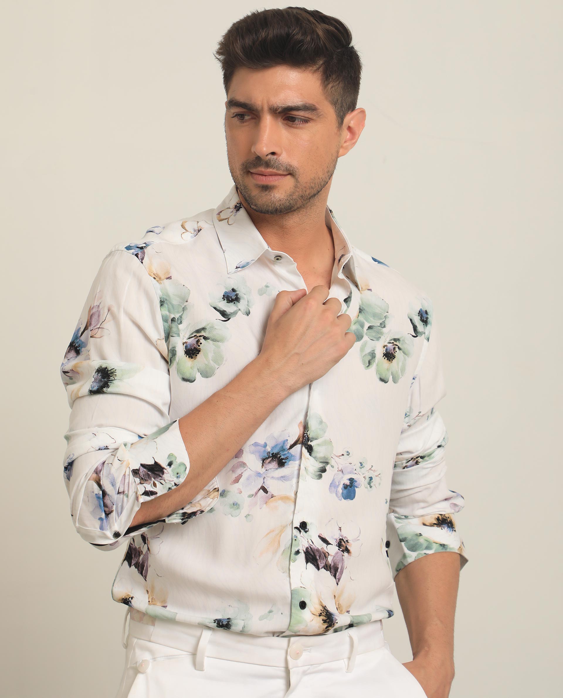 Rare Rabbit Men's Flowey White Viscose Fabric Full Sleeves Regular Fit Floral Print Shirt