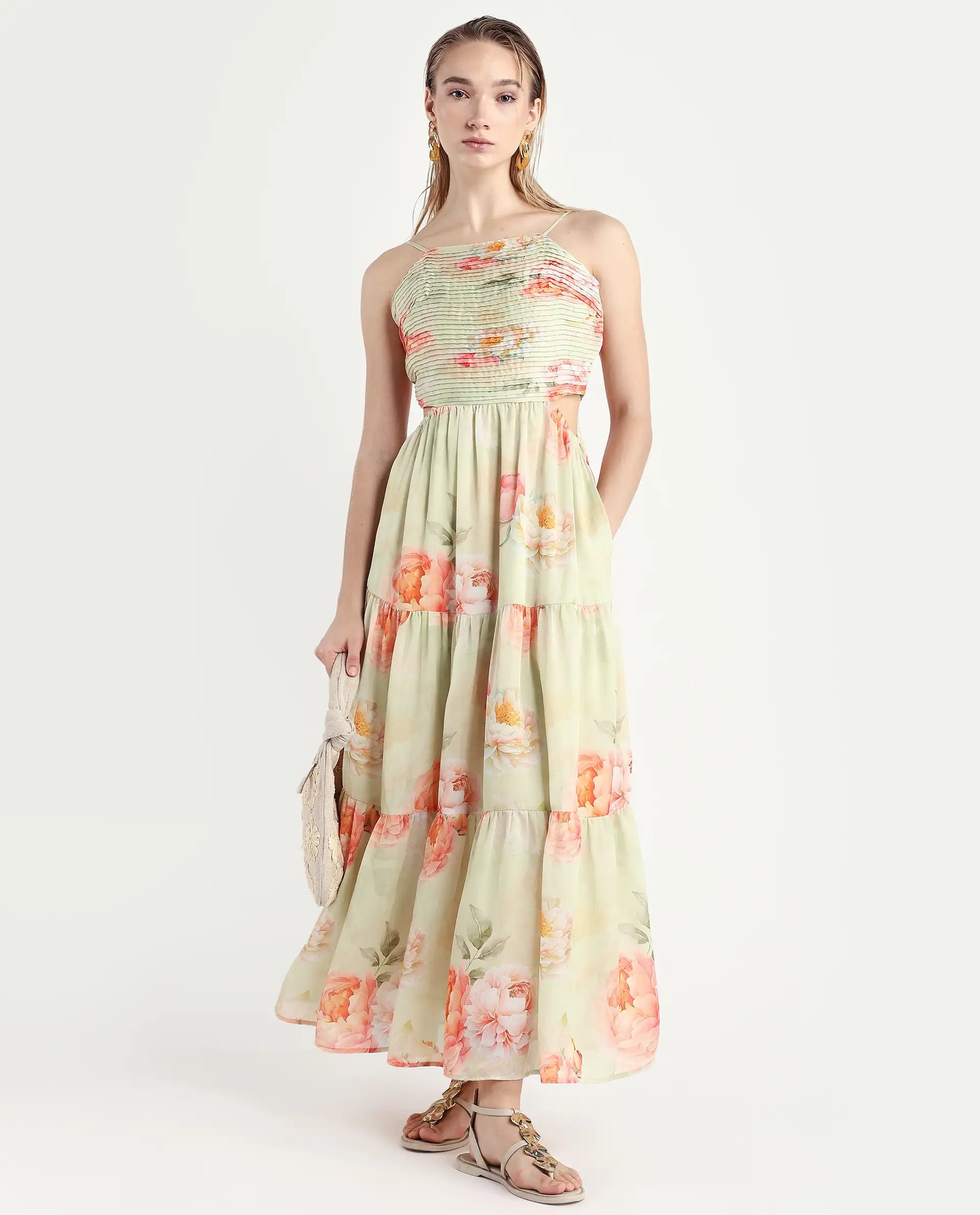 Rareism Women's Imola Light Multi Polyester Shoulder Strap Floral Print Shoulder Strap Maxi Fit And Flare Dress