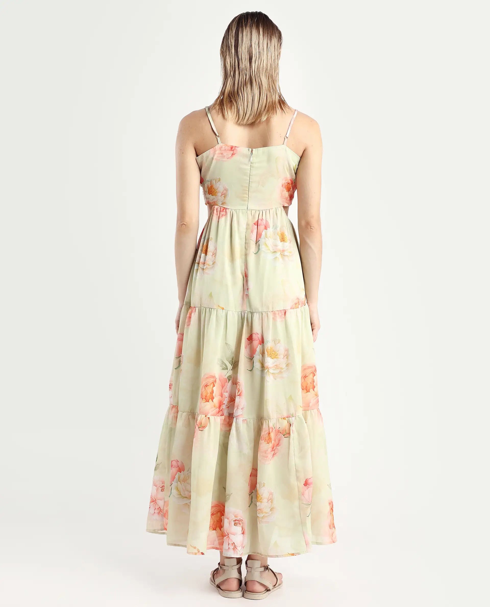 Rareism Women's Imola Light Multi Polyester Shoulder Strap Floral Print Shoulder Strap Maxi Fit And Flare Dress