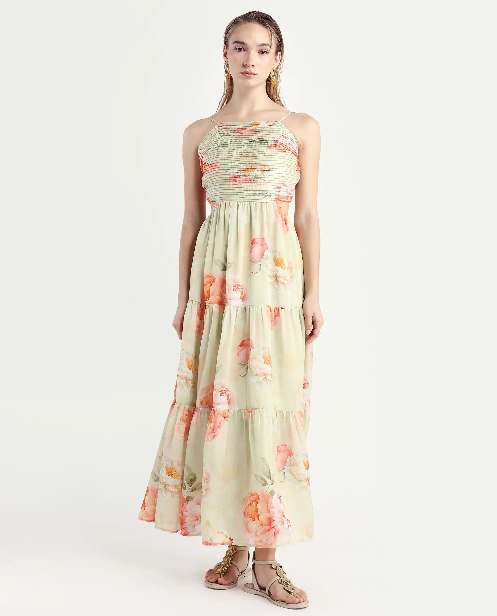 Rareism Women's Imola Light Multi Polyester Shoulder Strap Floral Print Shoulder Strap Maxi Fit And Flare Dress