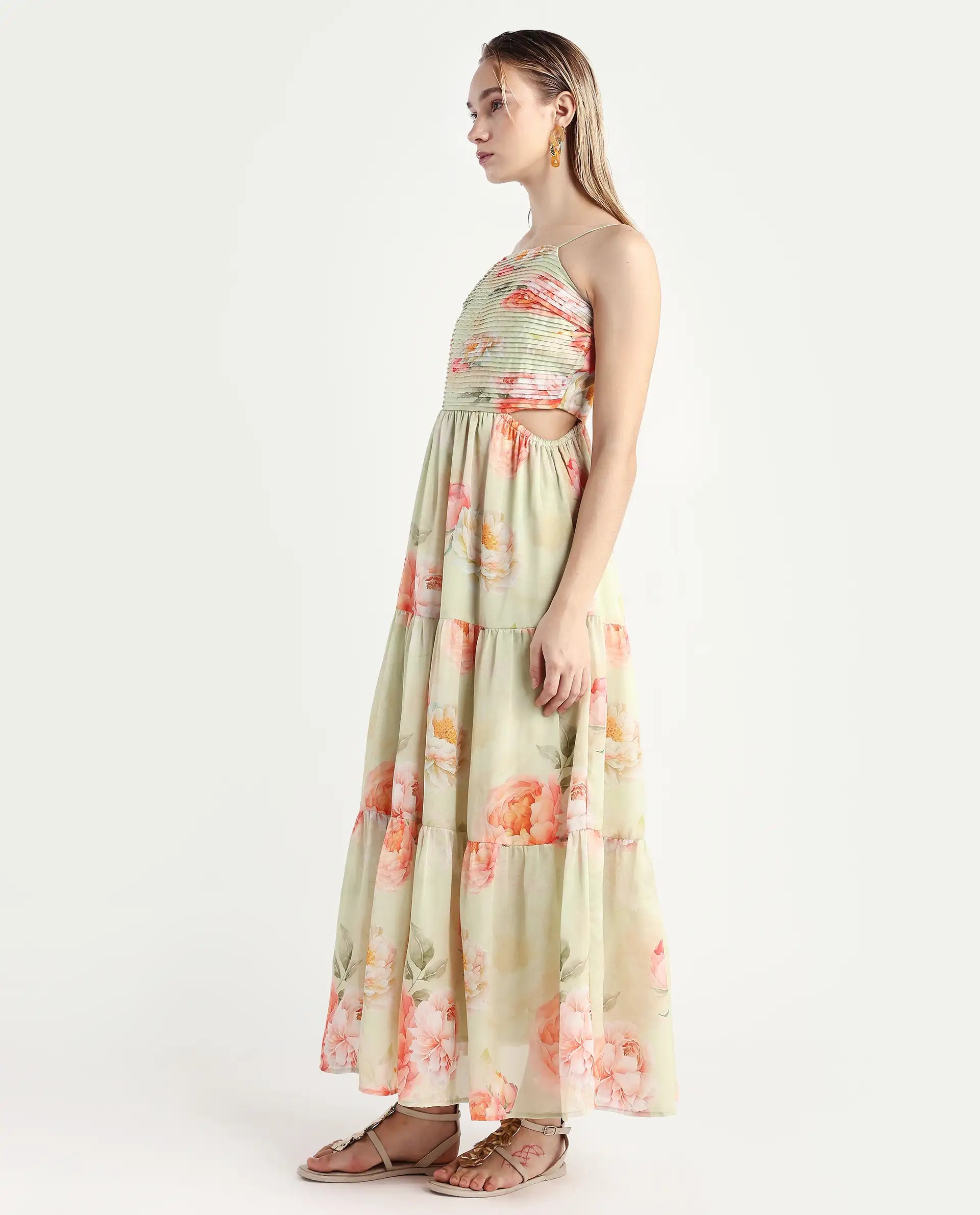 Rareism Women's Imola Light Multi Polyester Shoulder Strap Floral Print Shoulder Strap Maxi Fit And Flare Dress