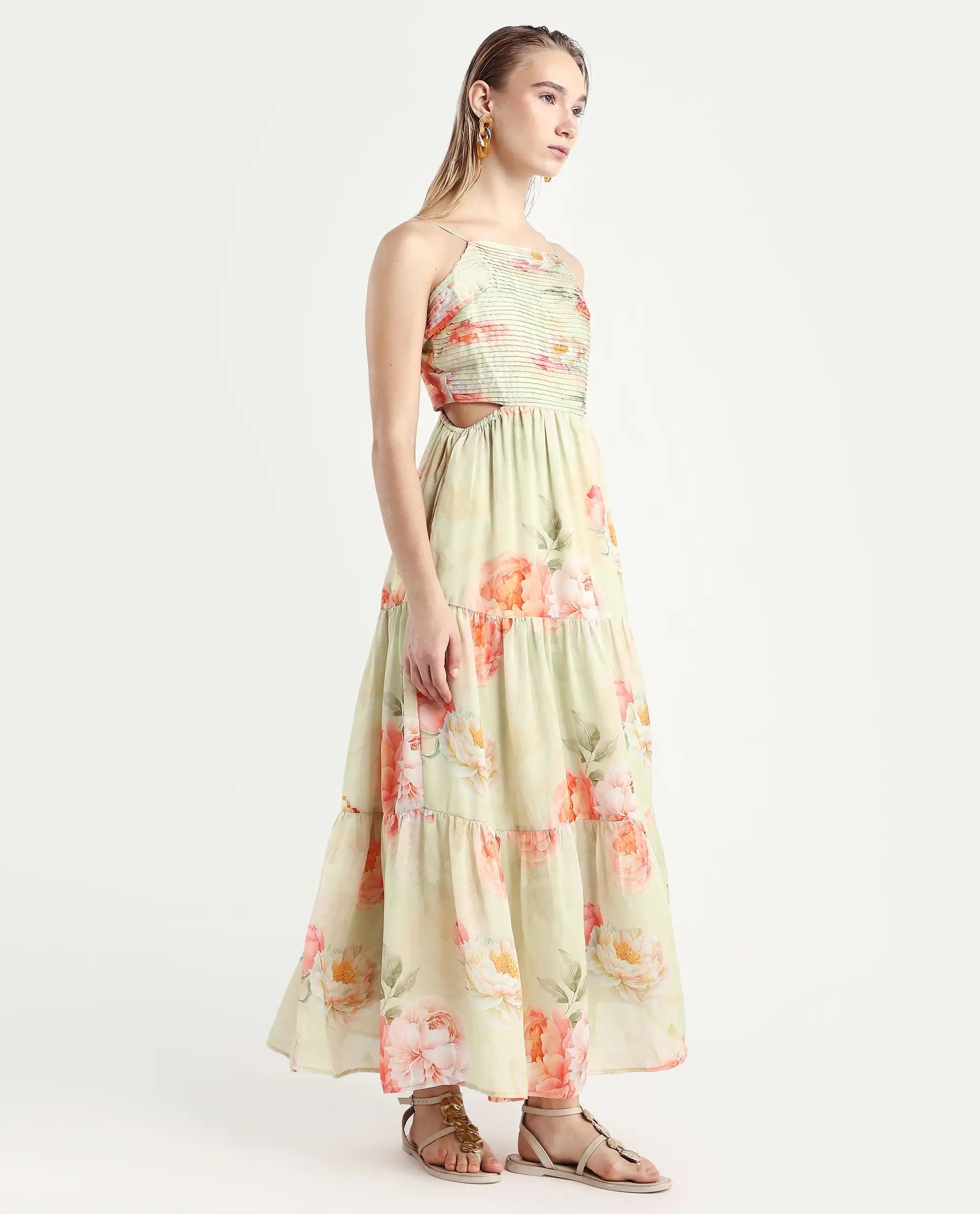 Rareism Women's Imola Light Multi Polyester Shoulder Strap Floral Print Shoulder Strap Maxi Fit And Flare Dress