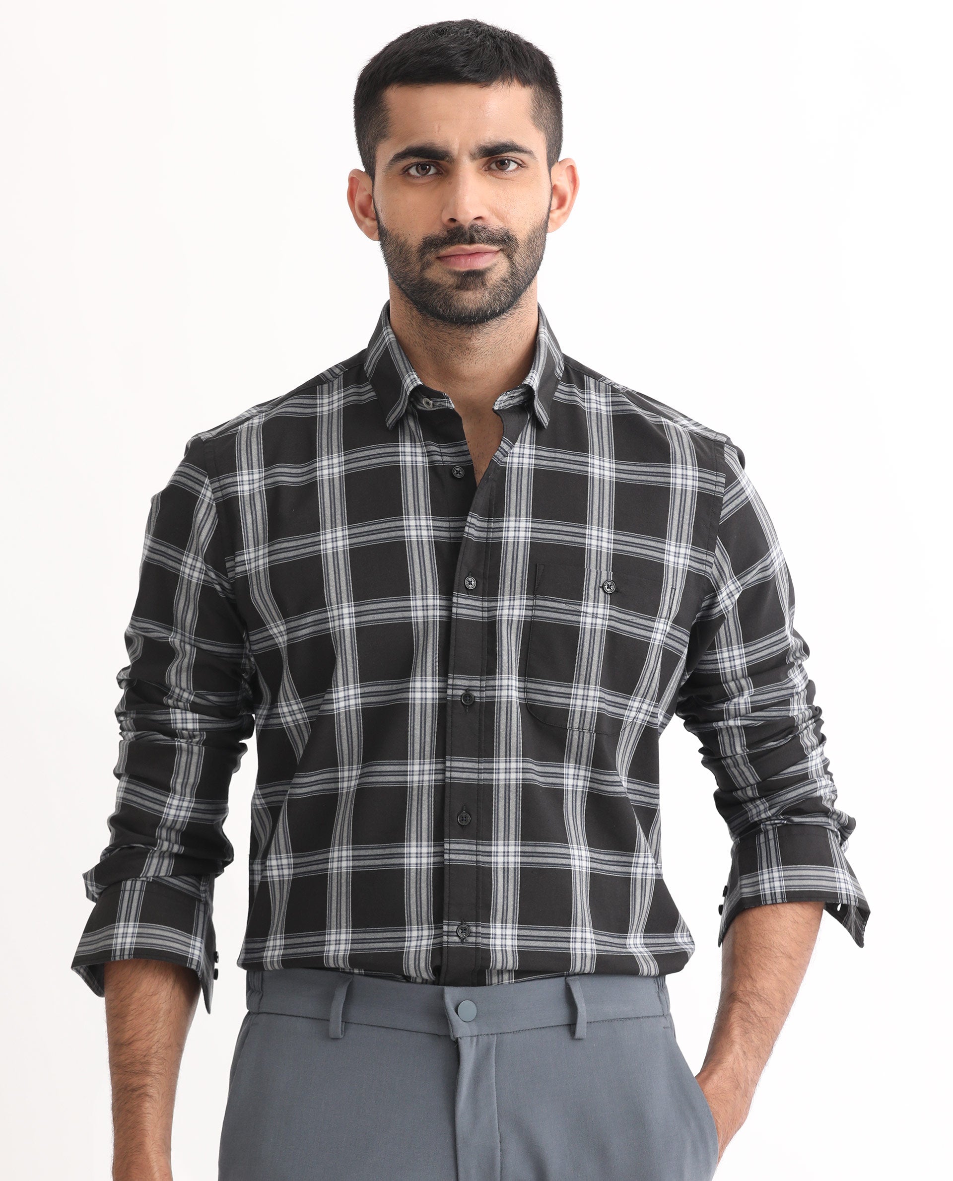 Rare Rabbit Men's Imperial Black Cotton Polyester Fabric Full Sleeves Checks Shirt