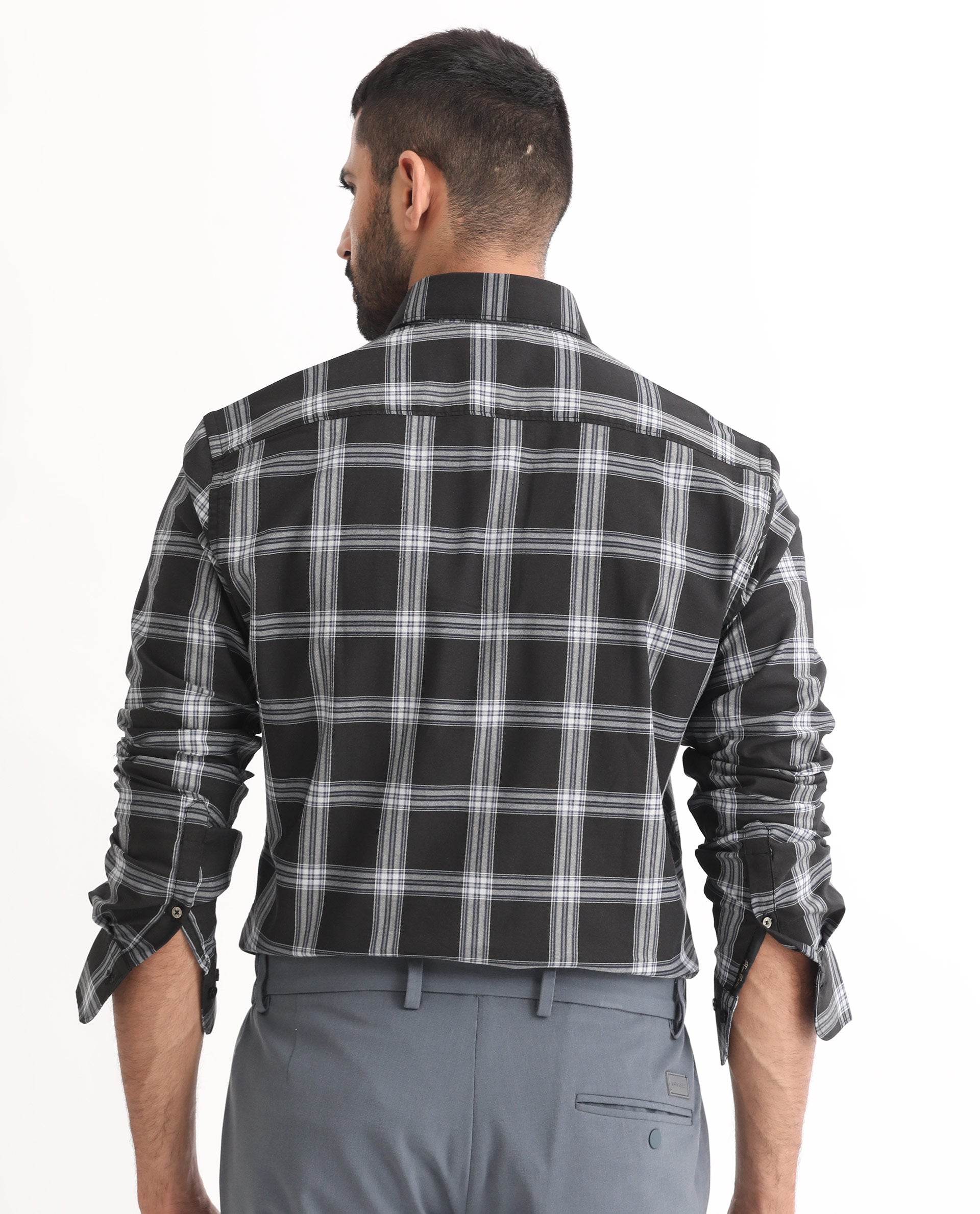 Rare Rabbit Men's Imperial Black Cotton Polyester Fabric Full Sleeves Checks Shirt