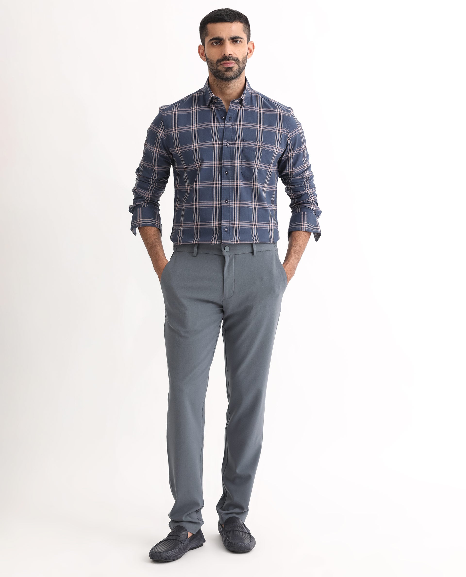 Rare Rabbit Men's Imperial Blue Cotton Polyester Fabric Full Sleeves Checks Shirt