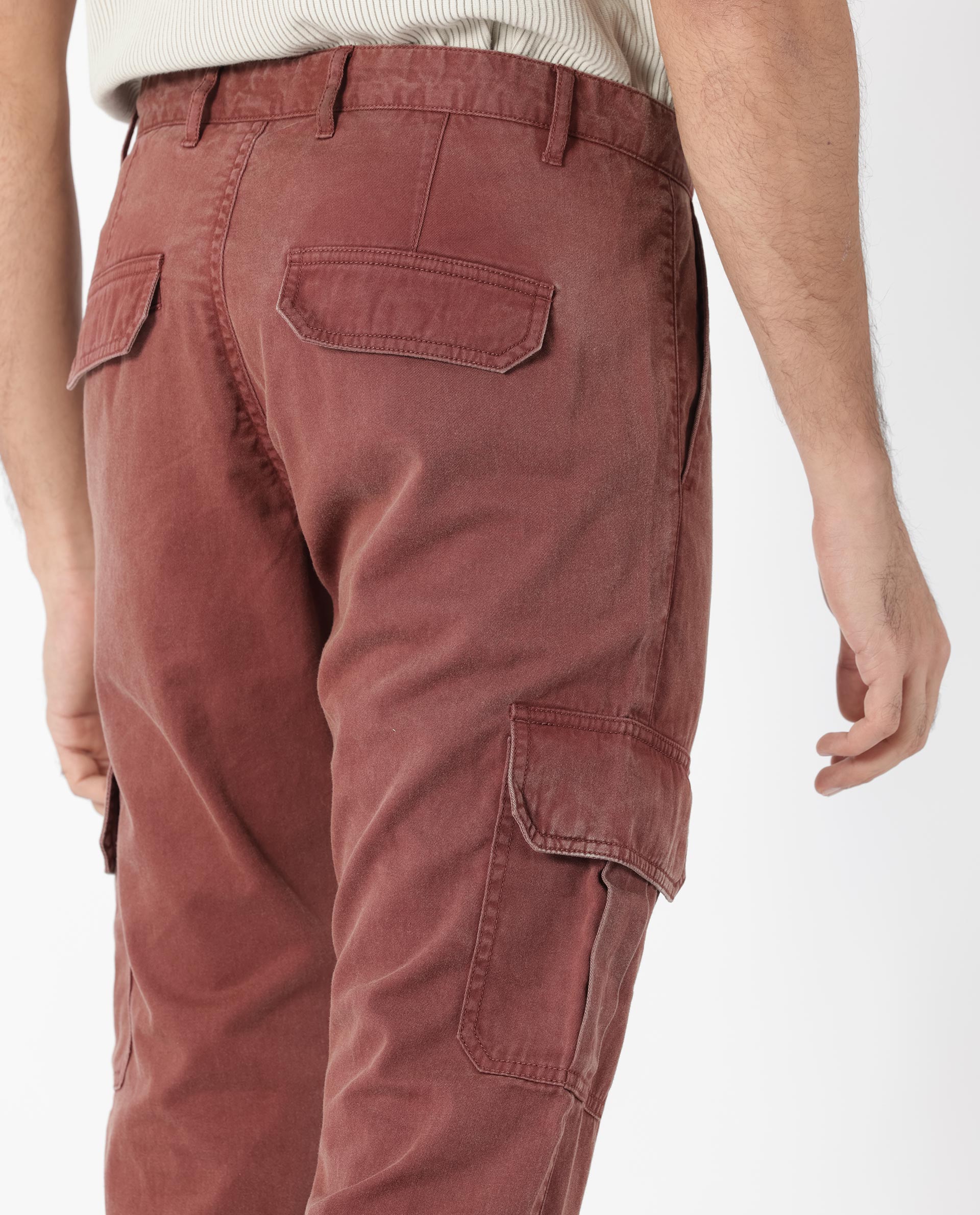Rare Rabbit Men's Inbuil Brown Mid-Rise Regular Fit Cargo Trousers