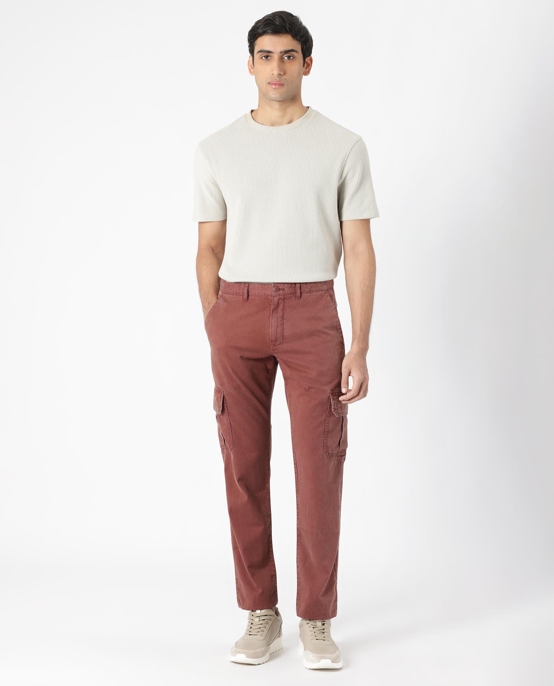 Rare Rabbit Men's Inbuil Brown Mid-Rise Regular Fit Cargo Trousers