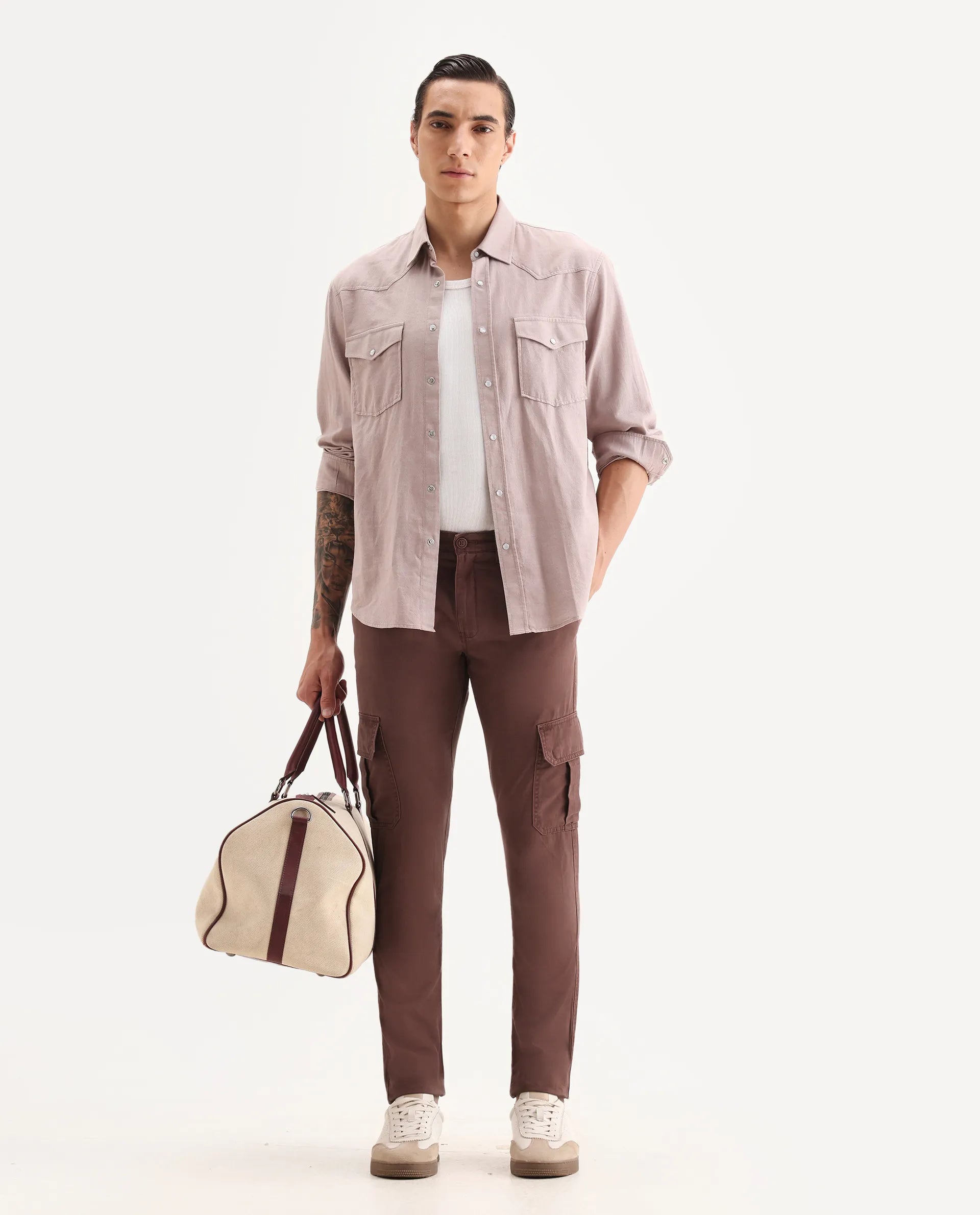 Rare Rabbit Men's Inbuil Light Brown Cotton Plain Regular Fit Trouser