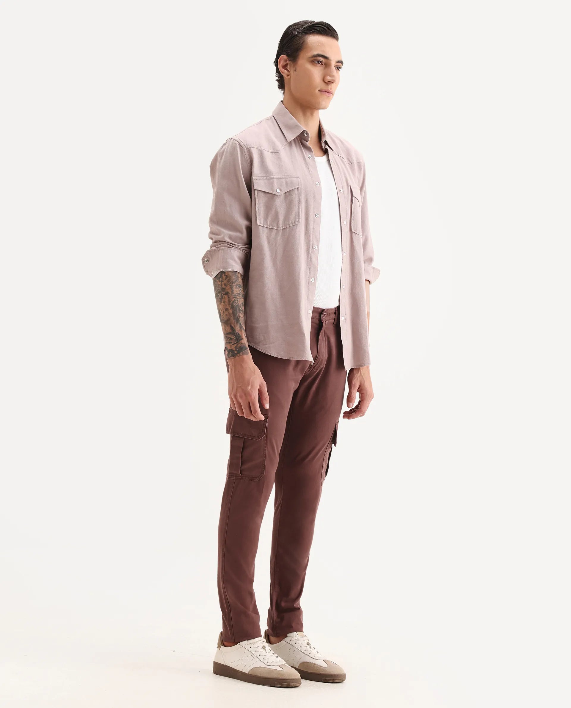 Rare Rabbit Men's Inbuil Light Brown Cotton Plain Regular Fit Trouser