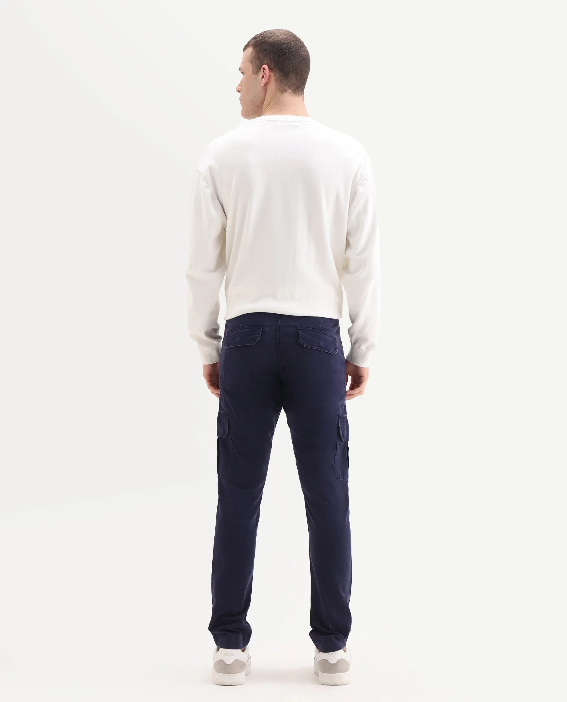 Rare Rabbit Men's Inbuil Navy Cotton Plain Regular Fit Trouser