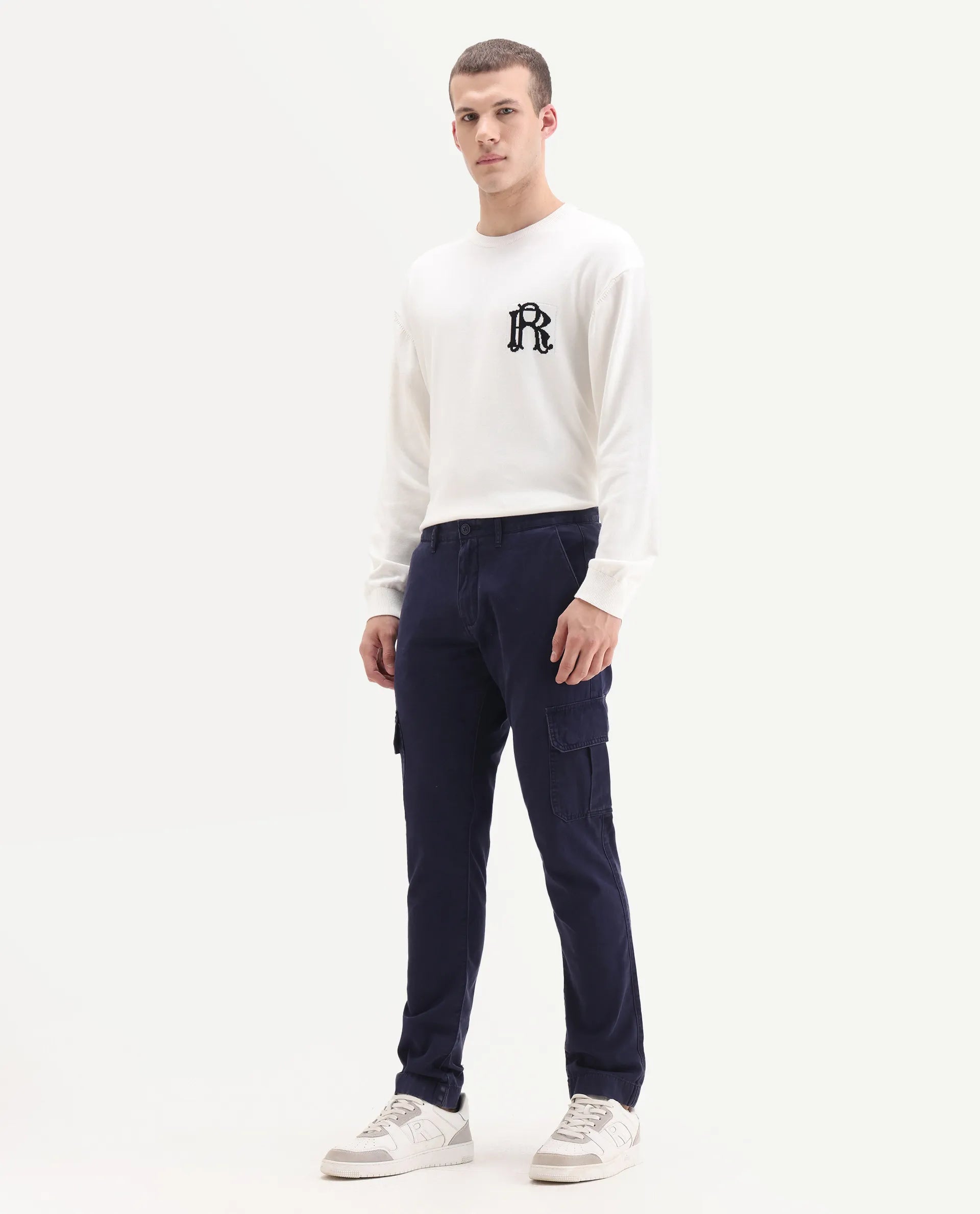 Rare Rabbit Men's Inbuil Navy Cotton Plain Regular Fit Trouser