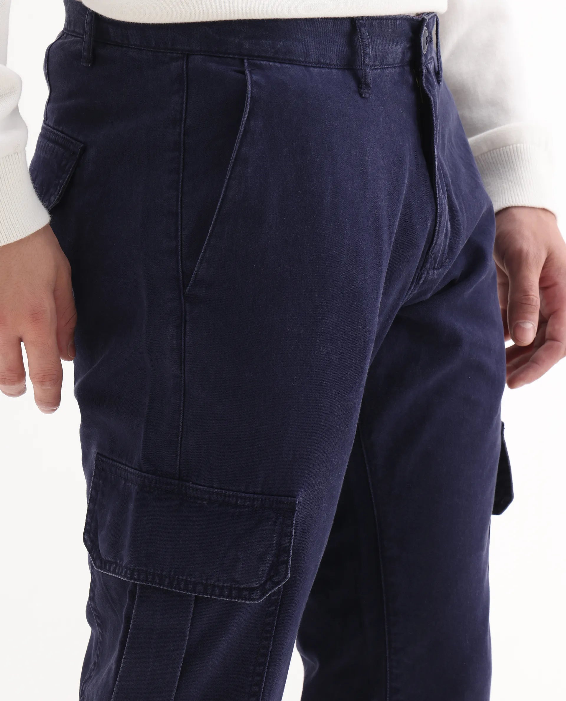 Rare Rabbit Men's Inbuil Navy Cotton Plain Regular Fit Trouser