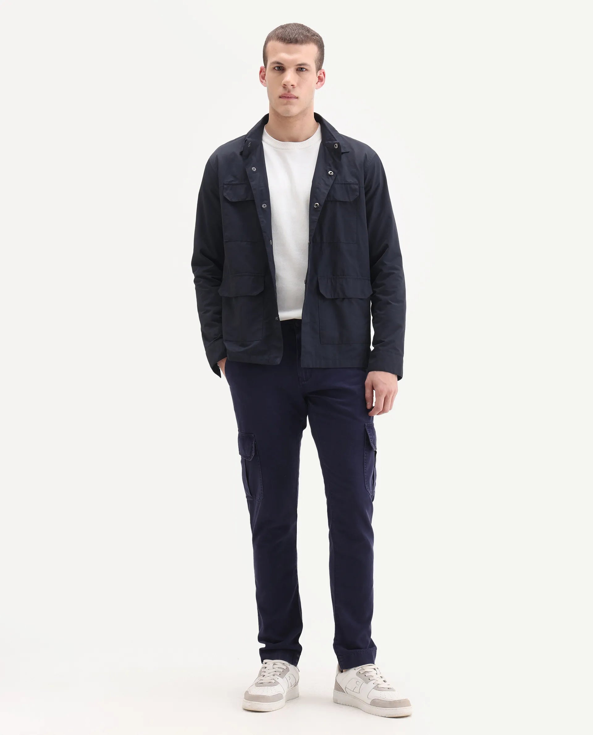 Rare Rabbit Men's Inbuil Navy Cotton Plain Regular Fit Trouser