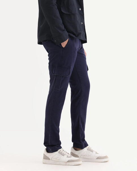 Rare Rabbit Men's Inbuil Navy Cotton Plain Regular Fit Trouser