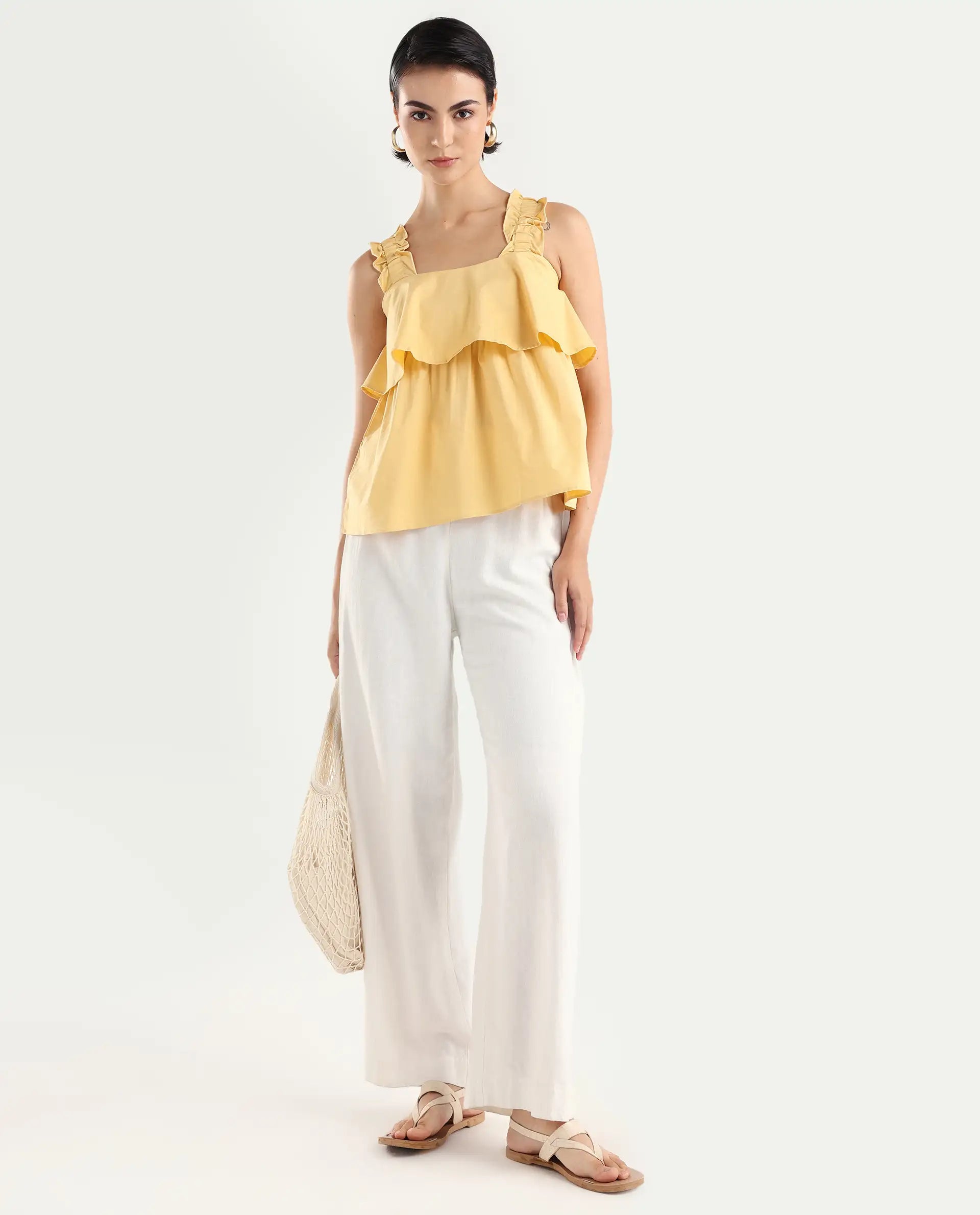 Rareism Women's Indika Yellow Cotton Blend Square Neck Plain Ruffled Sleeve Relaxed Fit Top