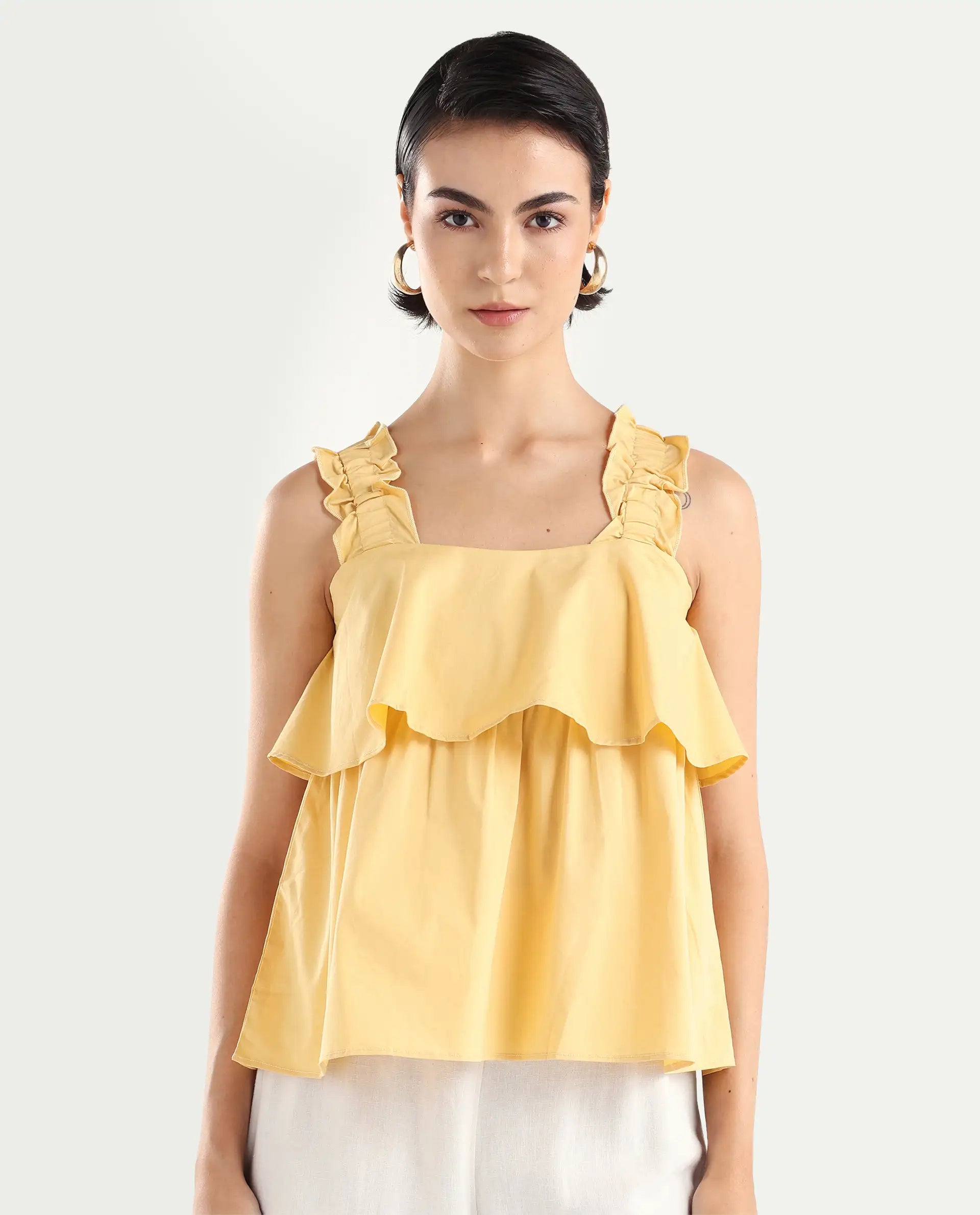 Rareism Women's Indika Yellow Cotton Blend Square Neck Plain Ruffled Sleeve Relaxed Fit Top